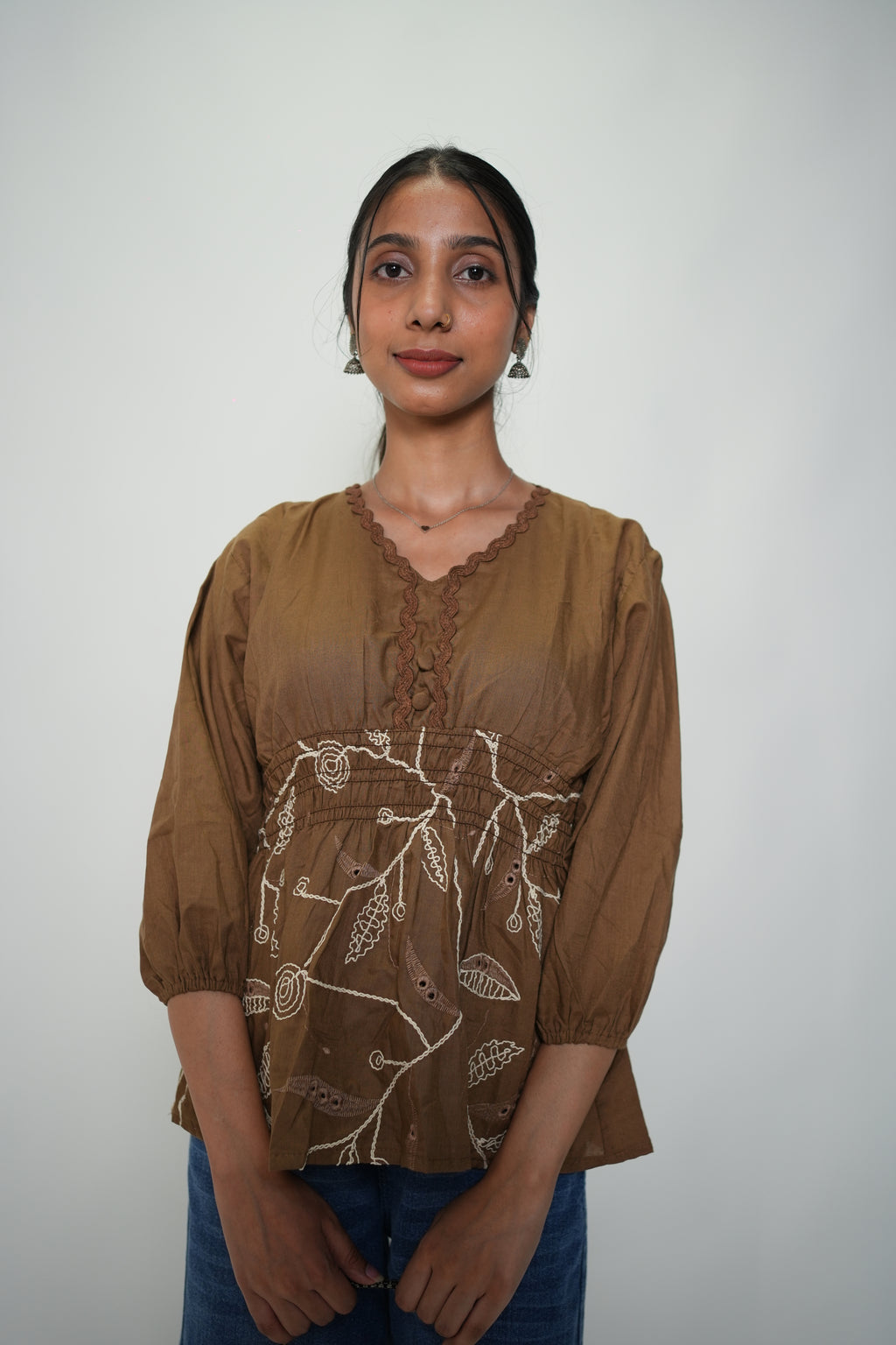 Peplum Top With Embroidery Brown