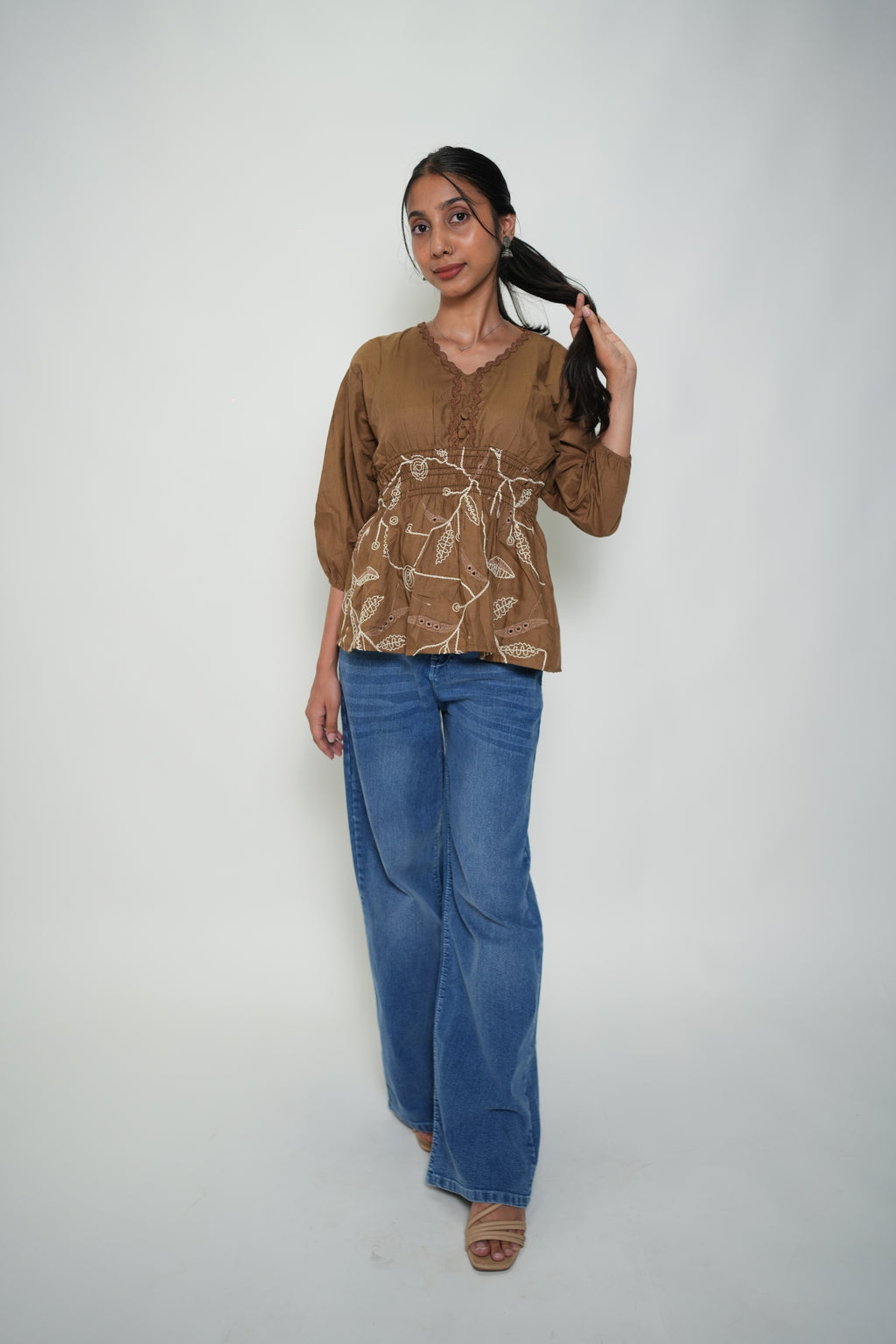 Peplum Top With Embroidery Brown