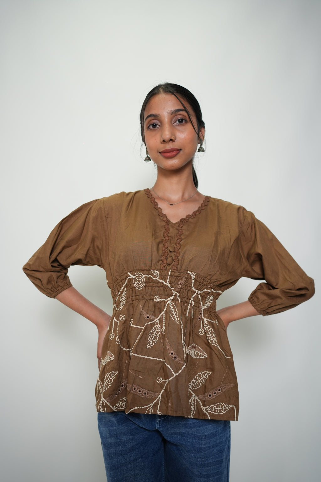 Peplum Top With Embroidery Brown
