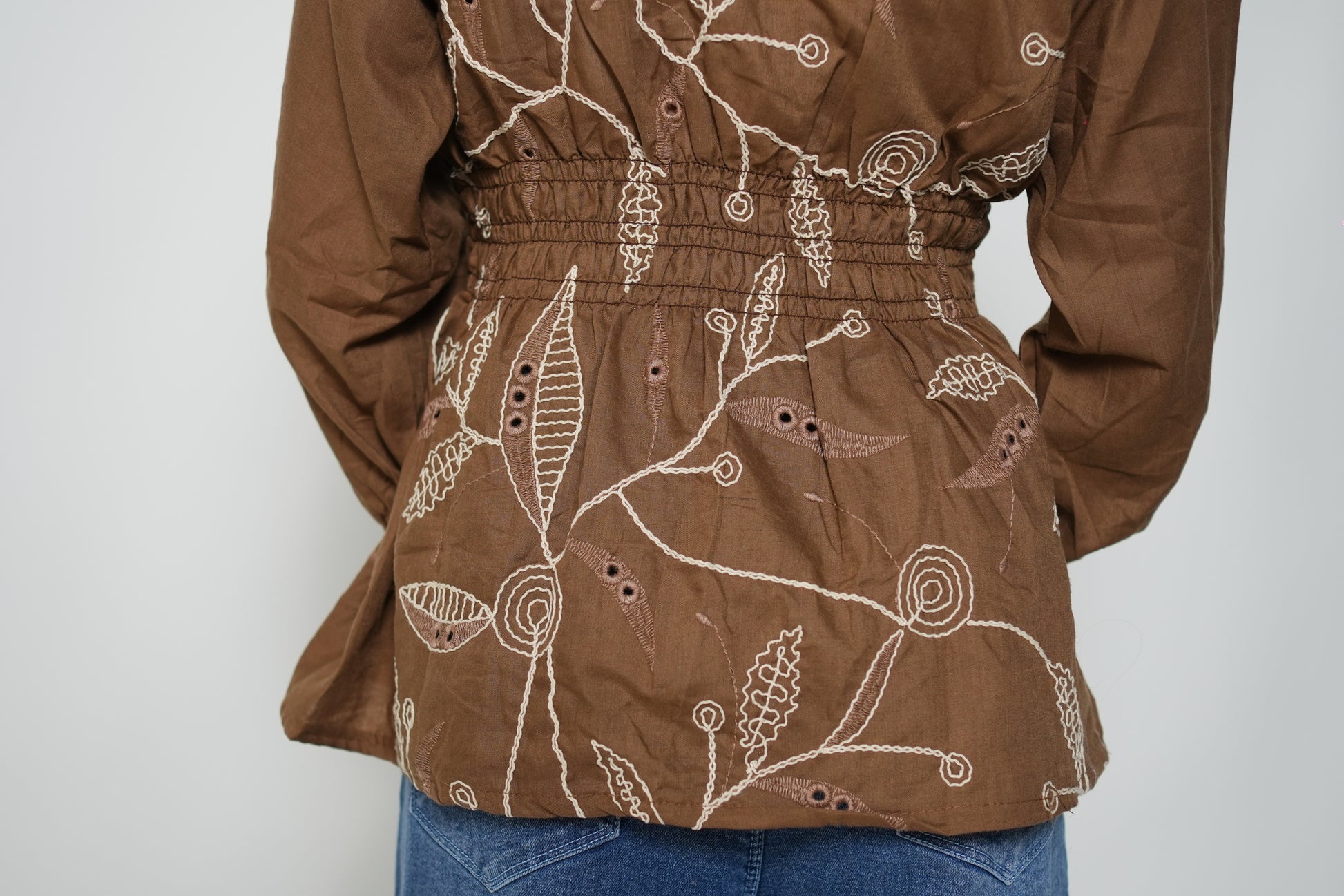 Peplum Top With Embroidery Brown