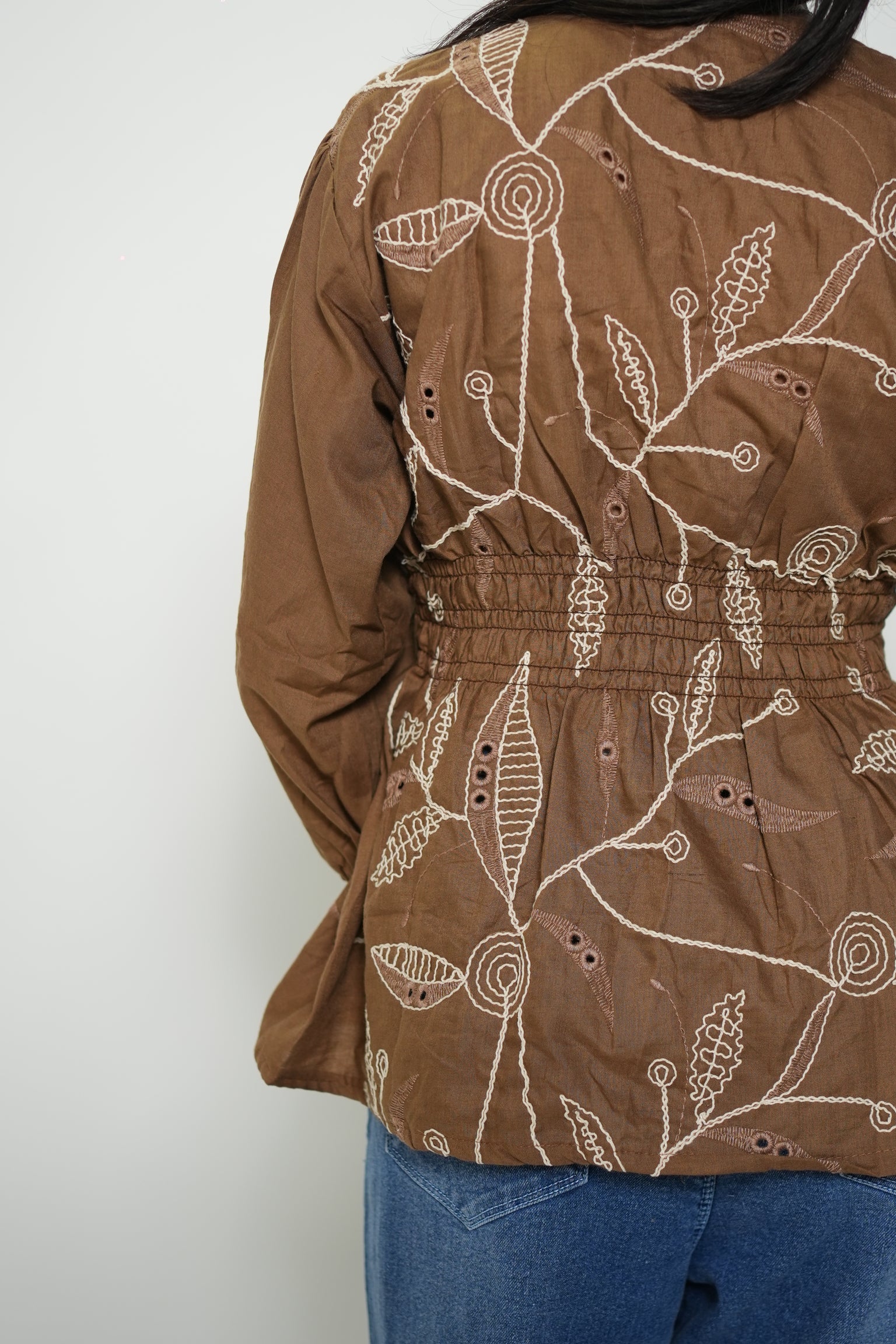 Peplum Top With Embroidery Brown