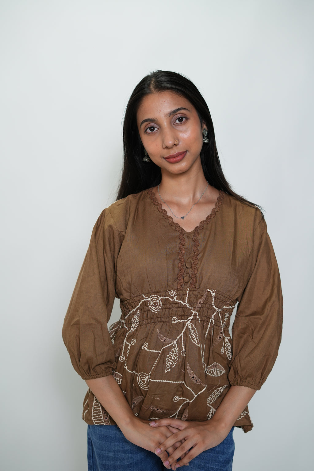 Peplum Top With Embroidery Brown