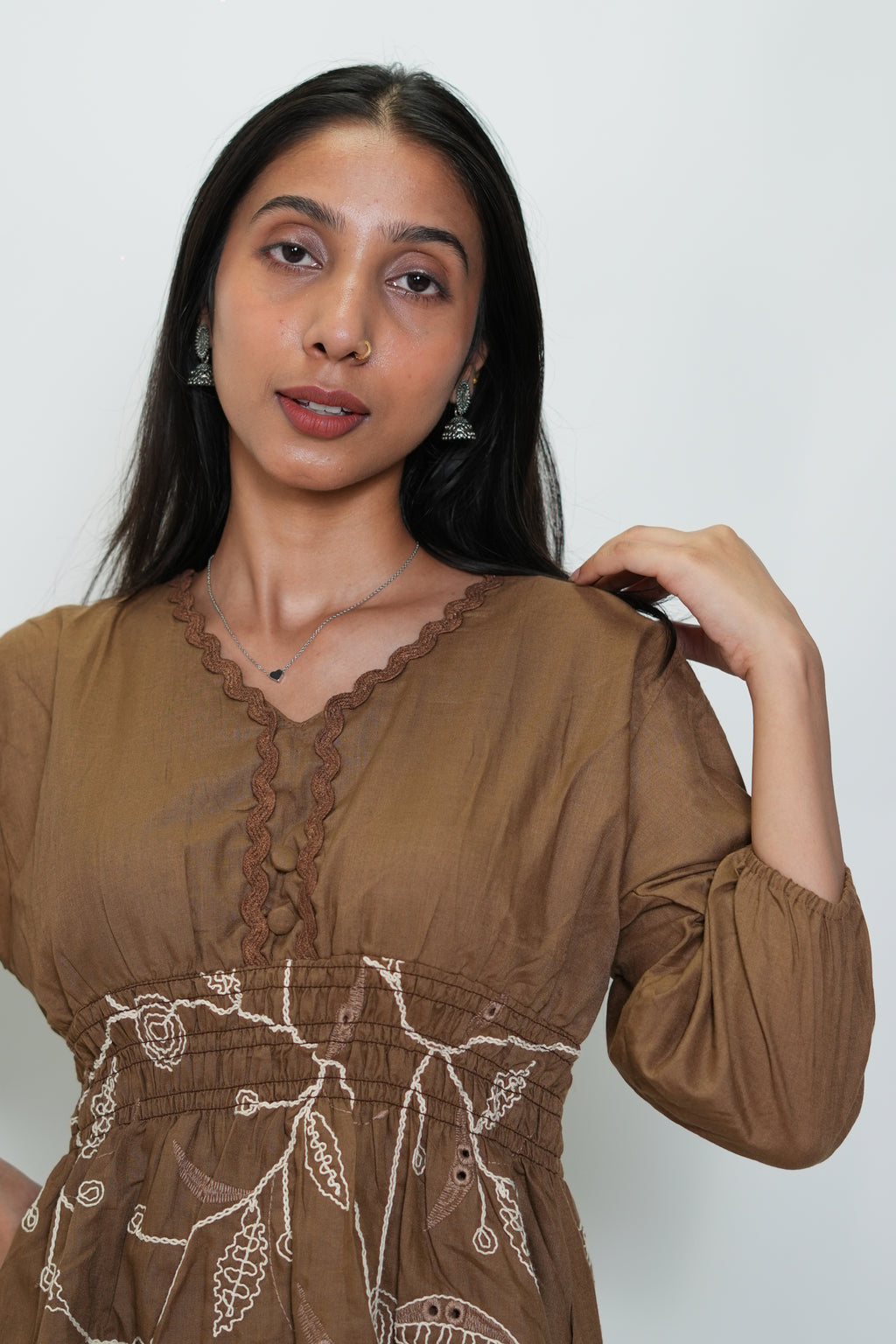 Peplum Top With Embroidery Brown