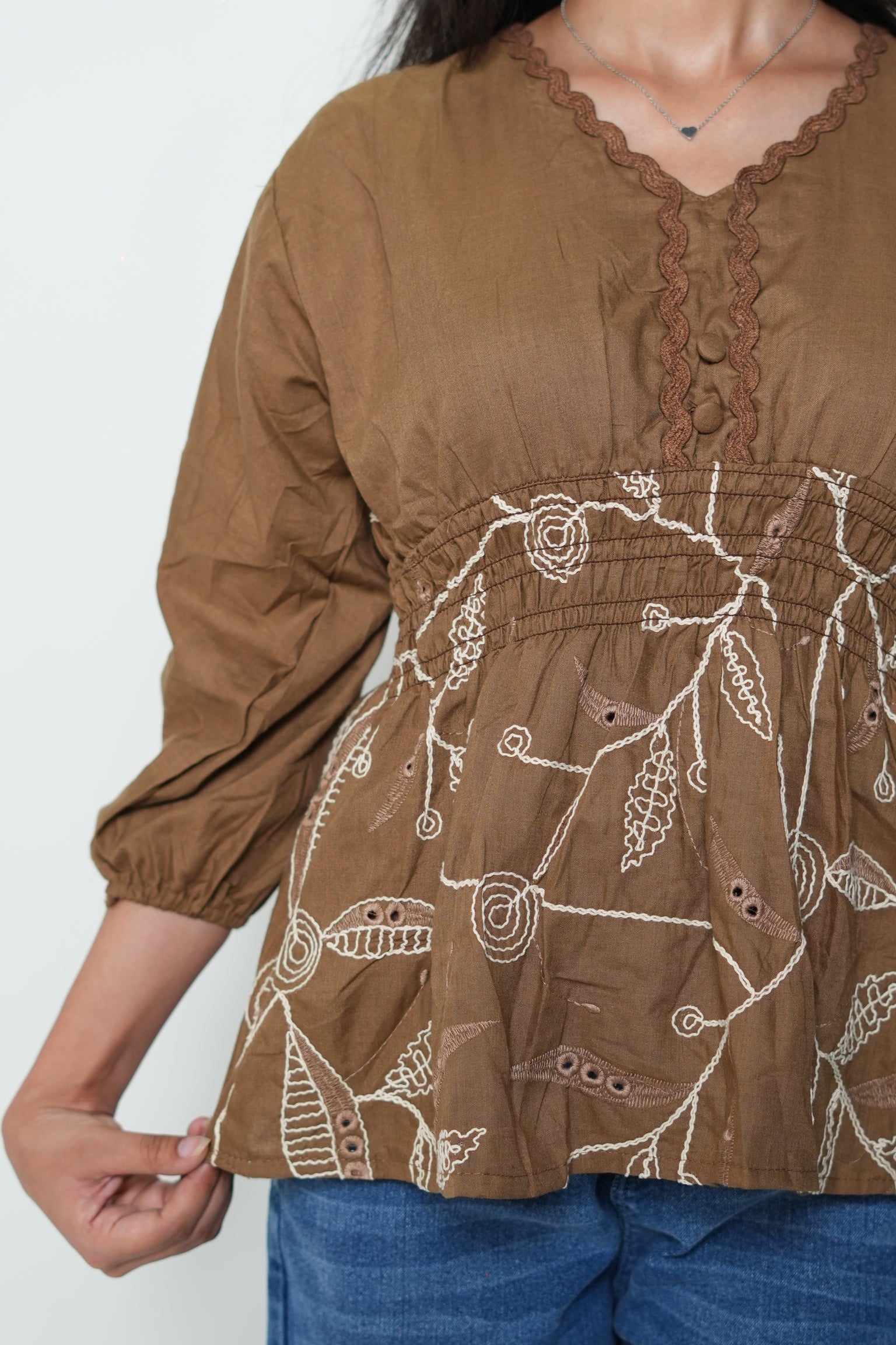 Peplum Top With Embroidery Brown