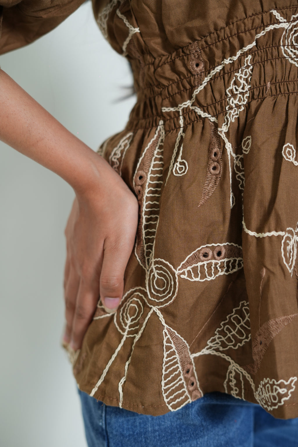 Peplum Top With Embroidery Brown