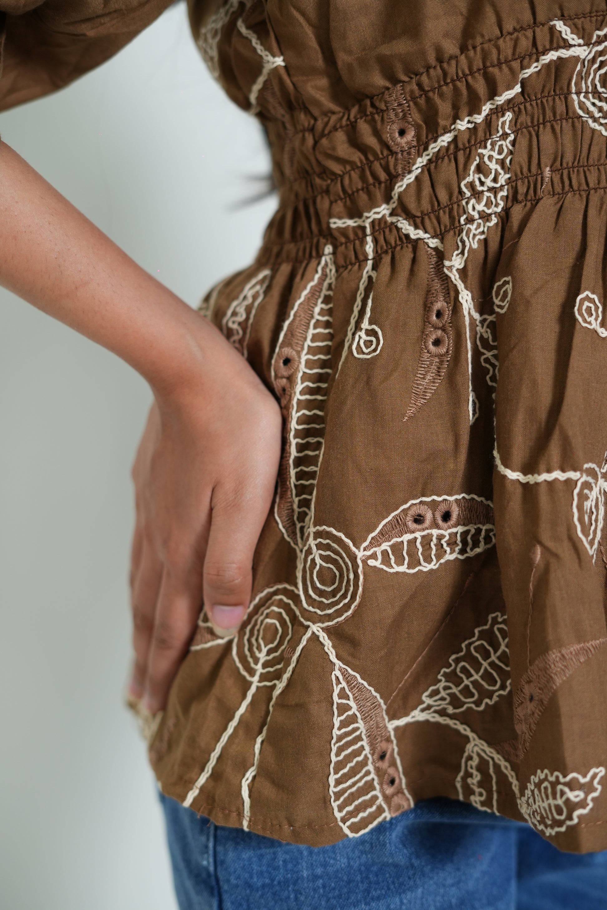 Peplum Top With Embroidery Brown