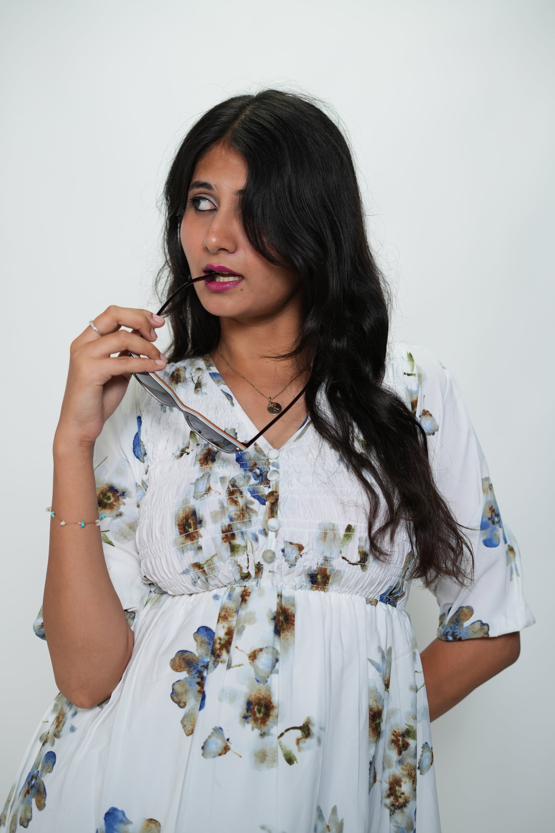 Synced and Scrunched Floral Print Waist Dress White