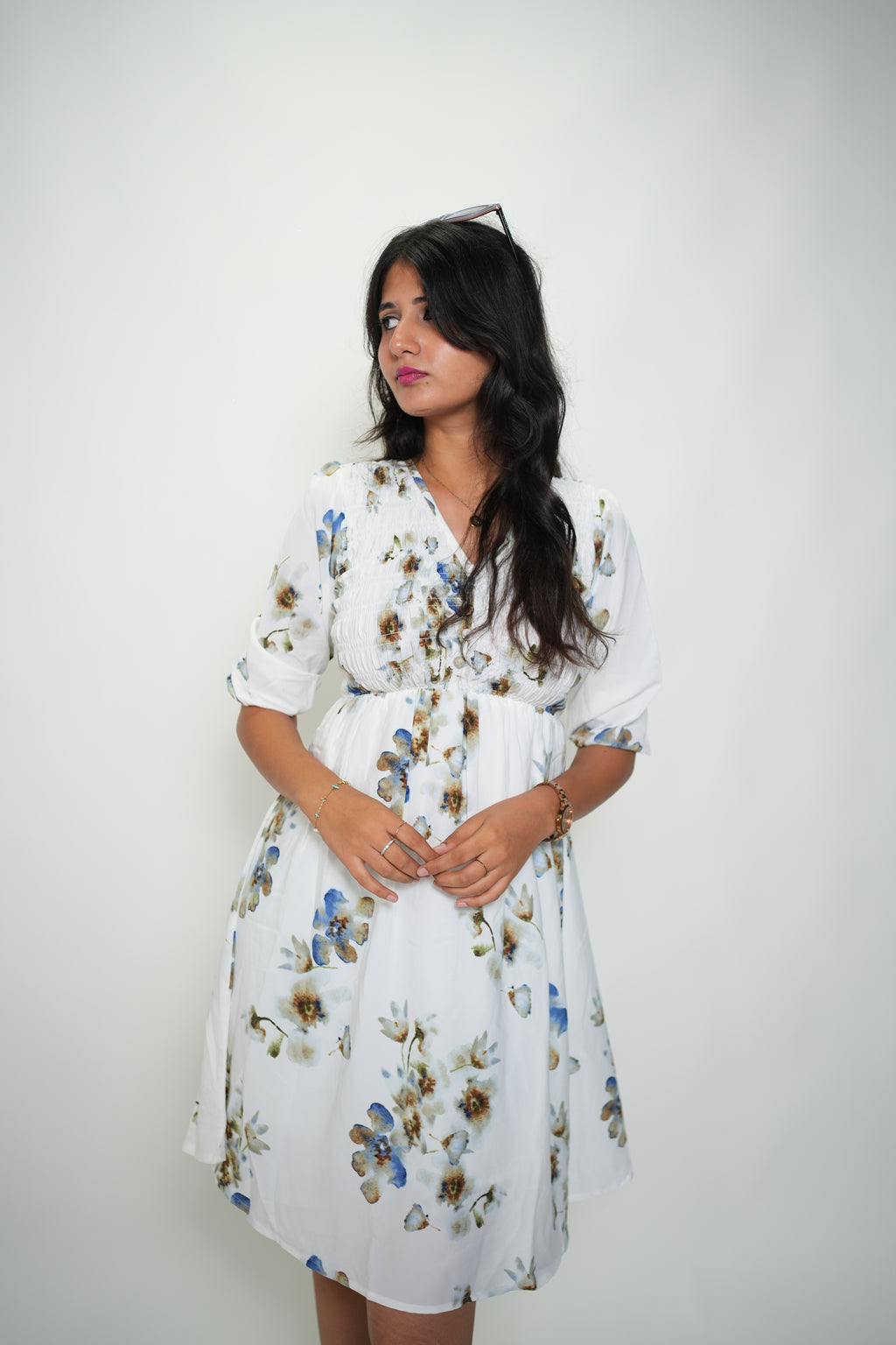 Synced and Scrunched Floral Print Waist Dress White