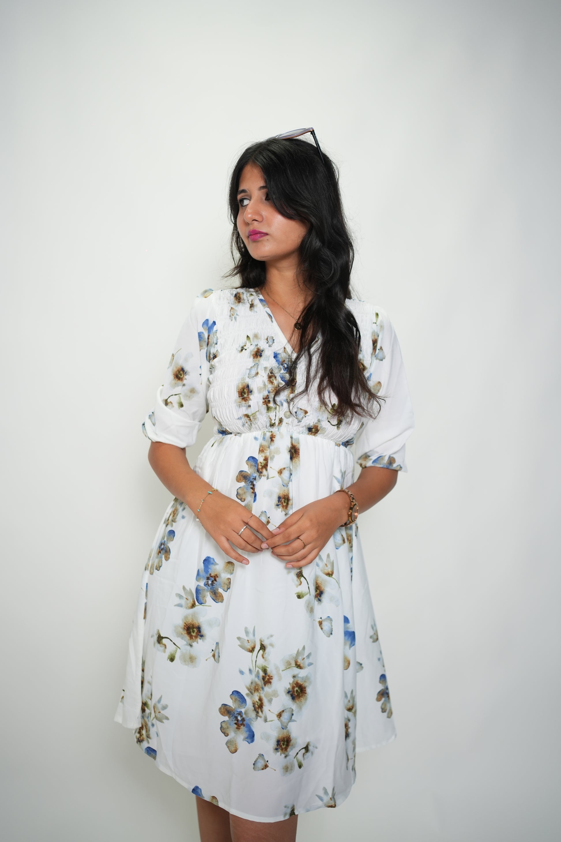 Synced and Scrunched Floral Print Waist Dress White
