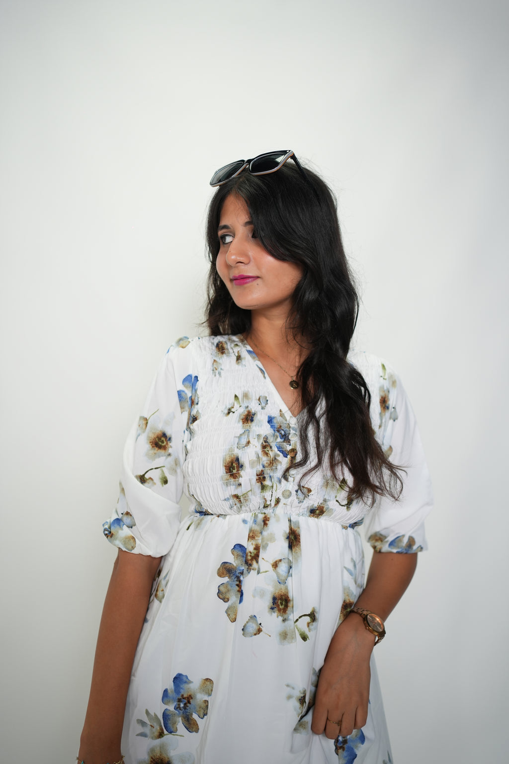 Synced and Scrunched Floral Print Waist Dress White