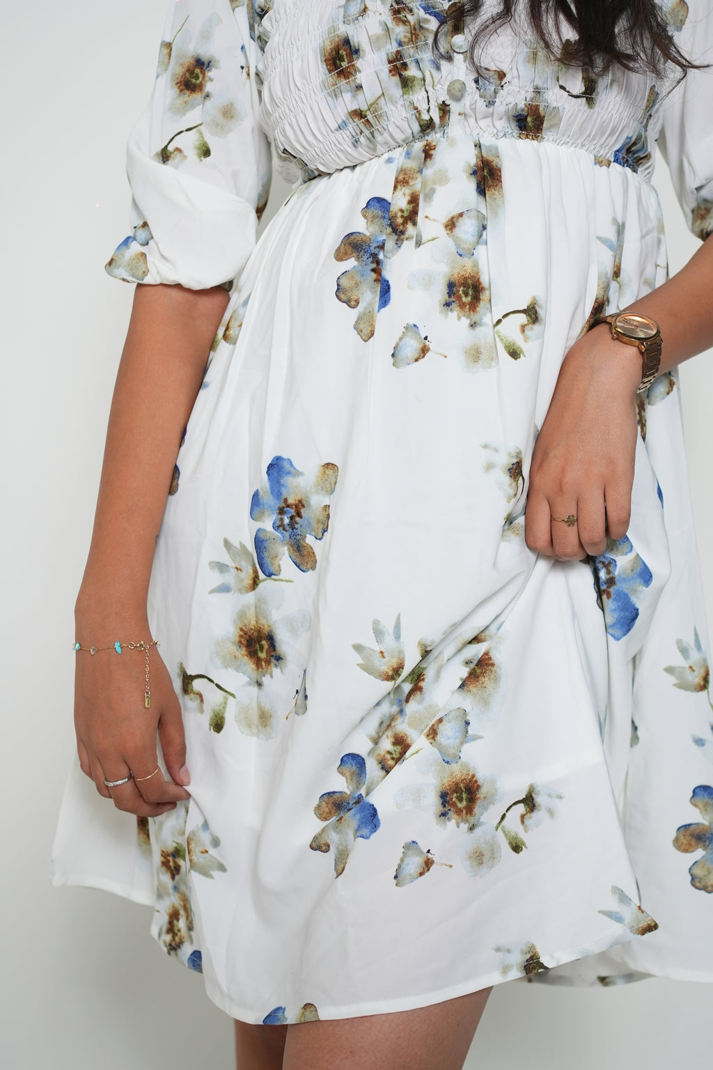 Synced and Scrunched Floral Print Waist Dress White
