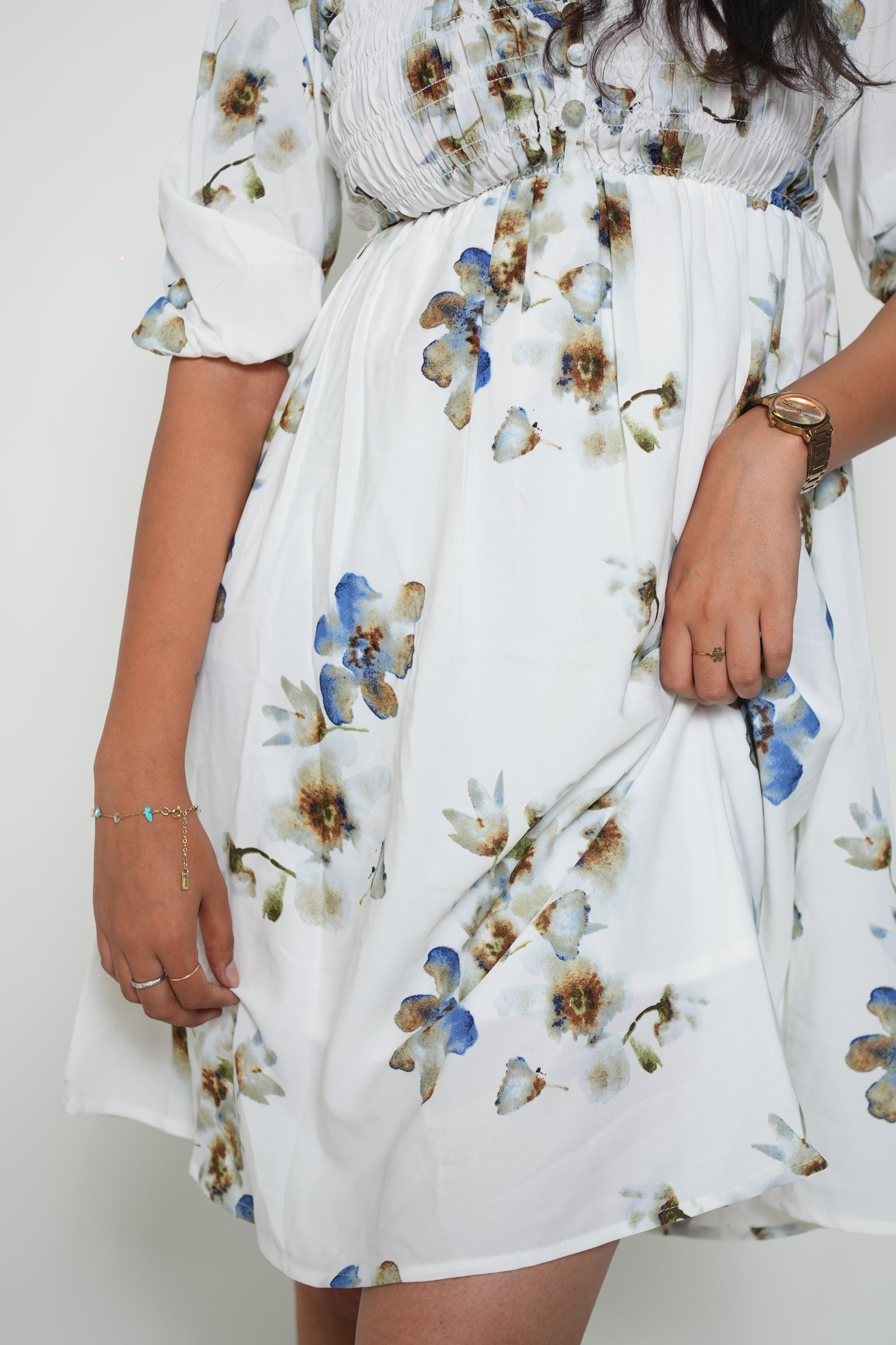 Synced and Scrunched Floral Print Waist Dress White