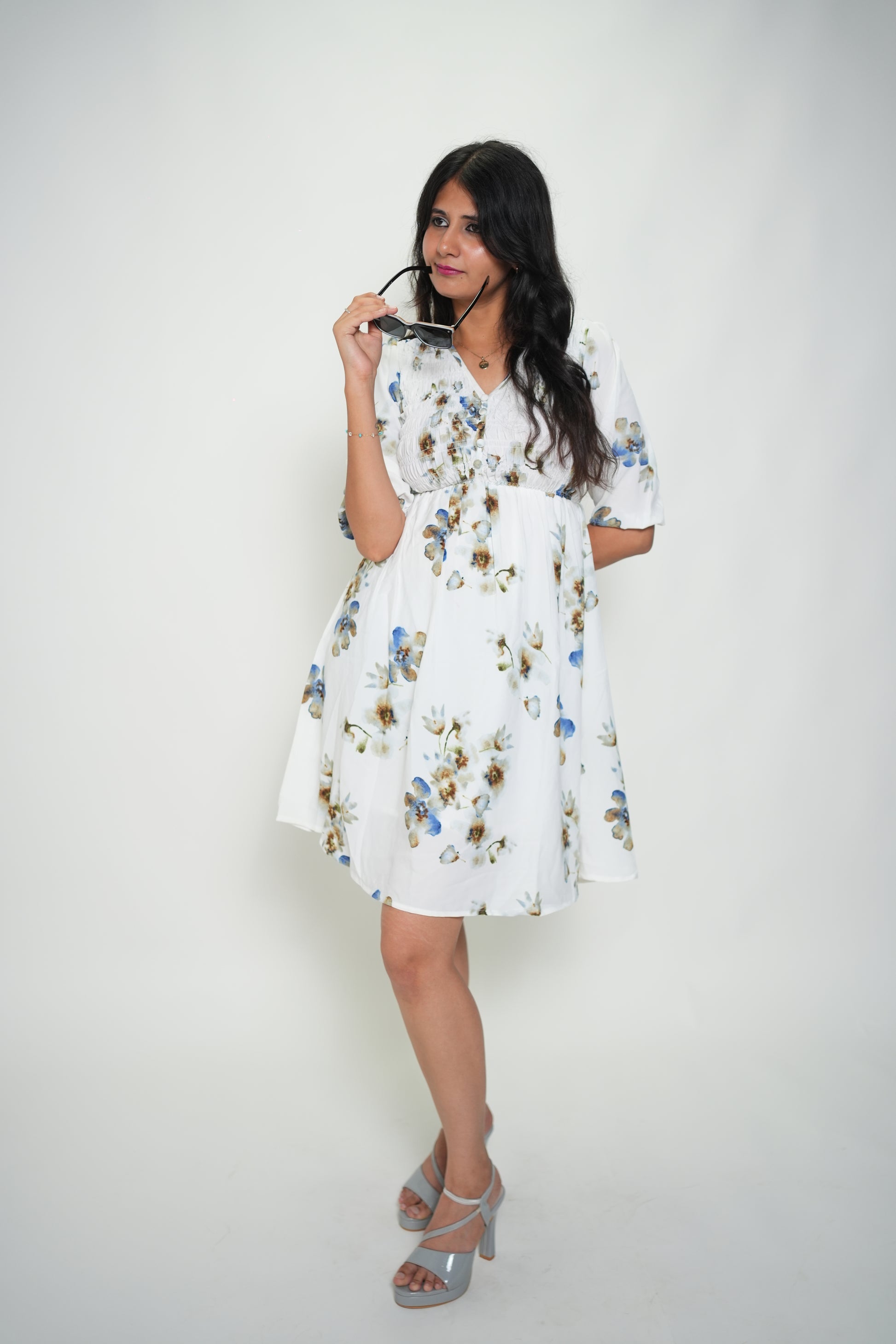Synced and Scrunched Floral Print Waist Dress White