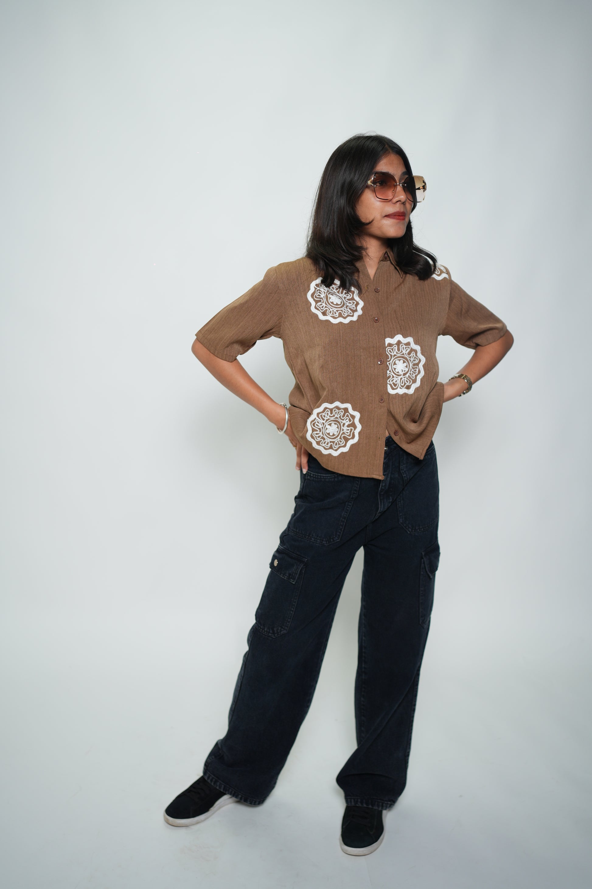 Crop Shirt With Embroidery Brown
