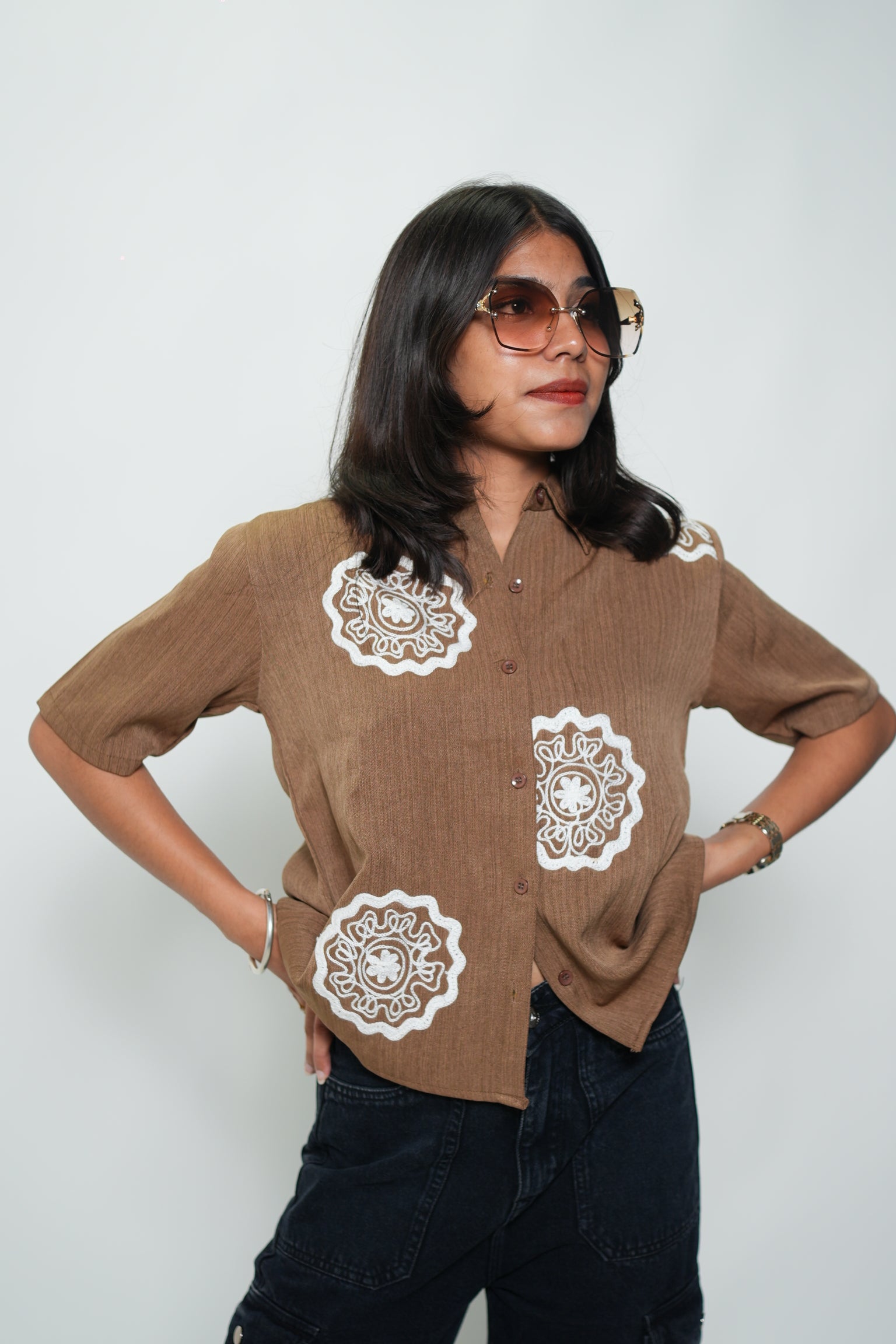 Crop Shirt With Embroidery Brown