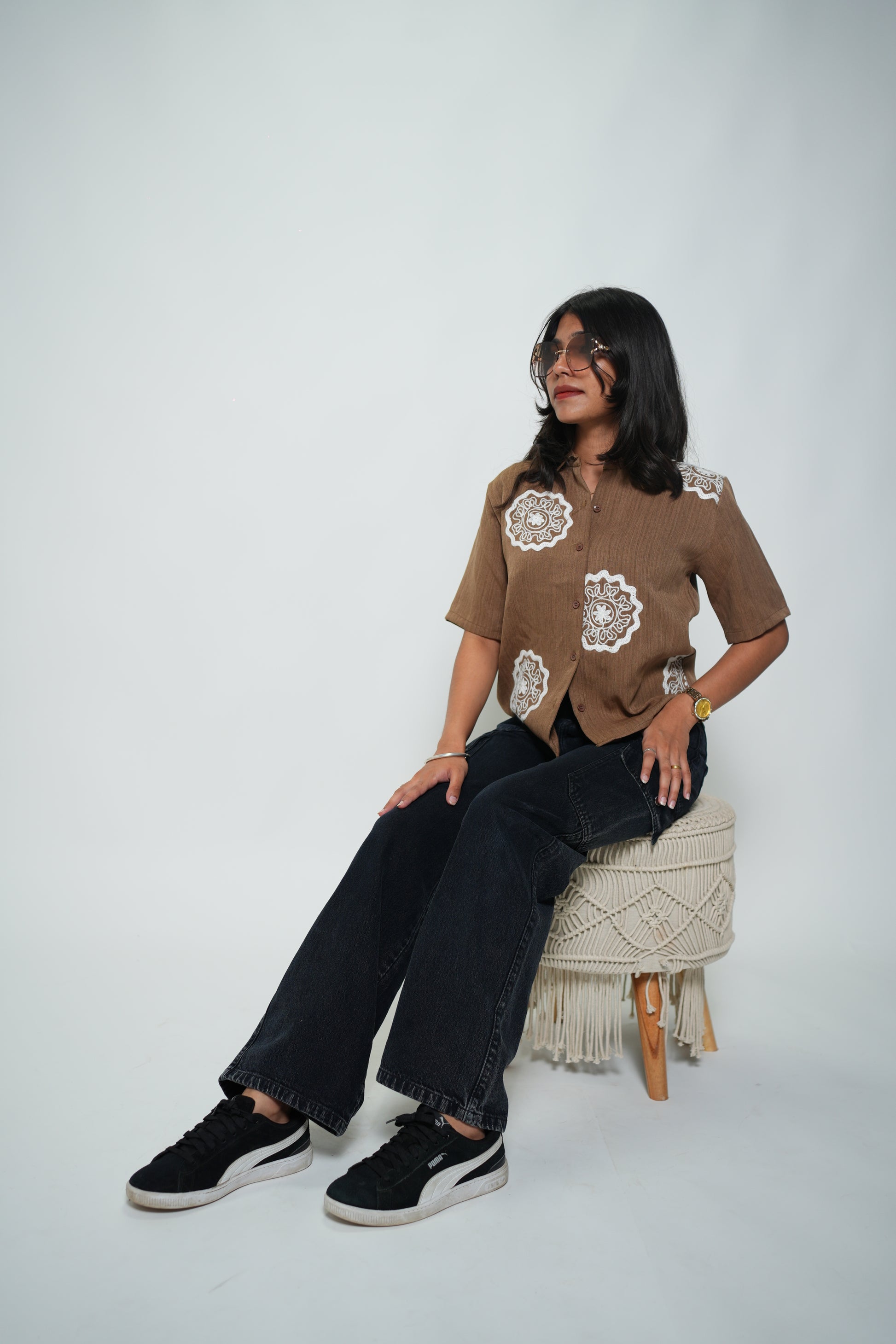 Crop Shirt With Embroidery Brown