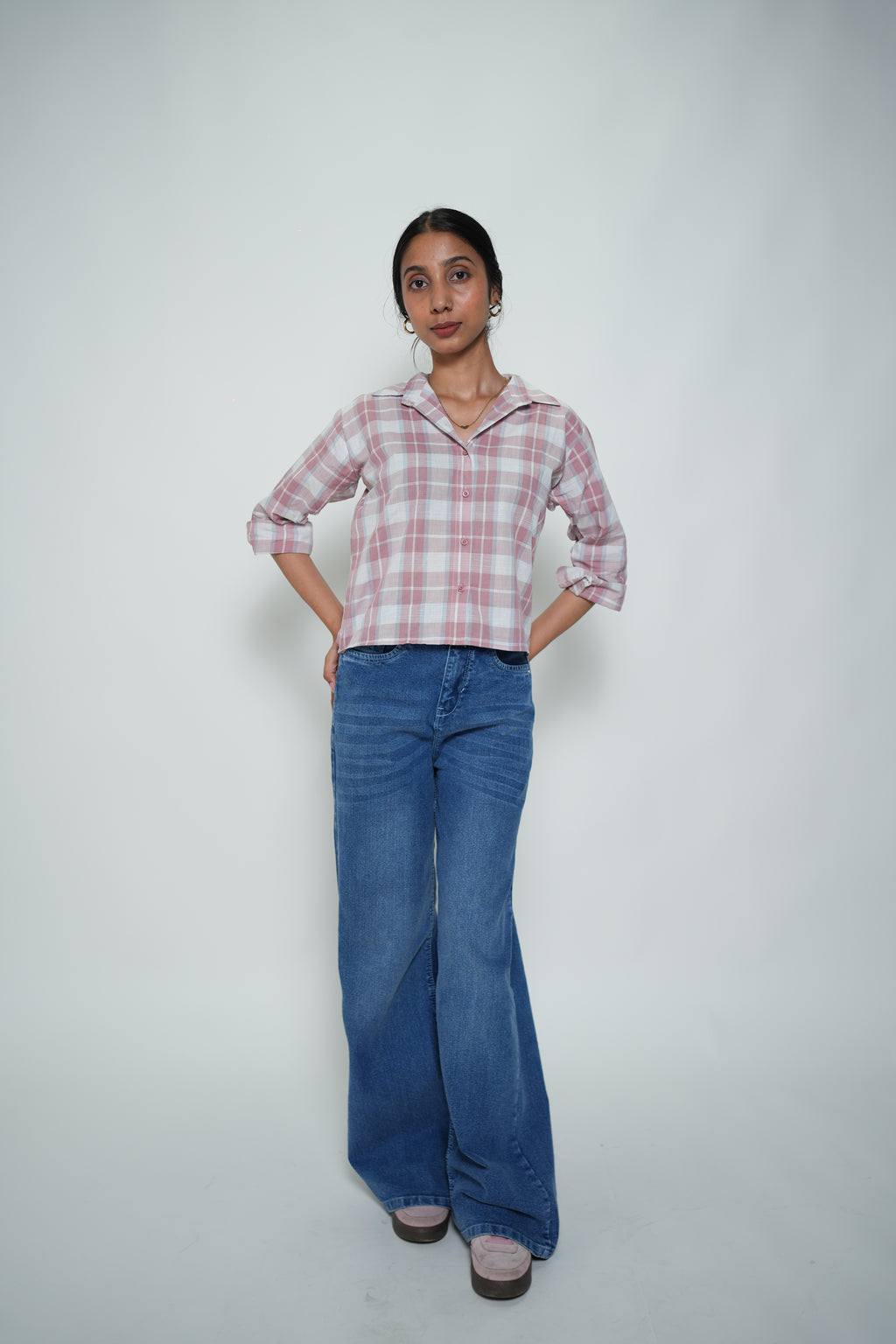 Cropped Checkered Shirt Pink