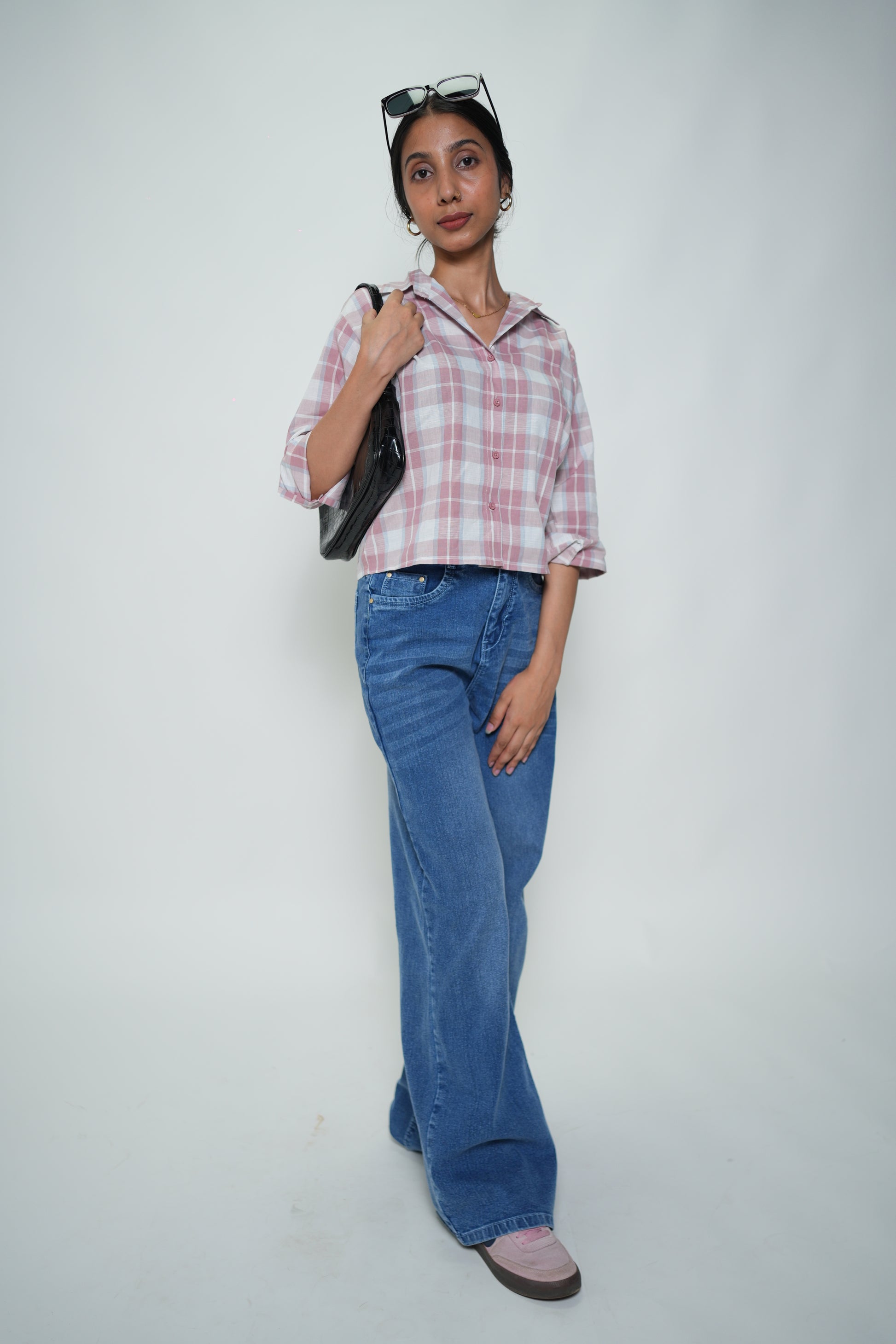 Cropped Checkered Shirt Pink