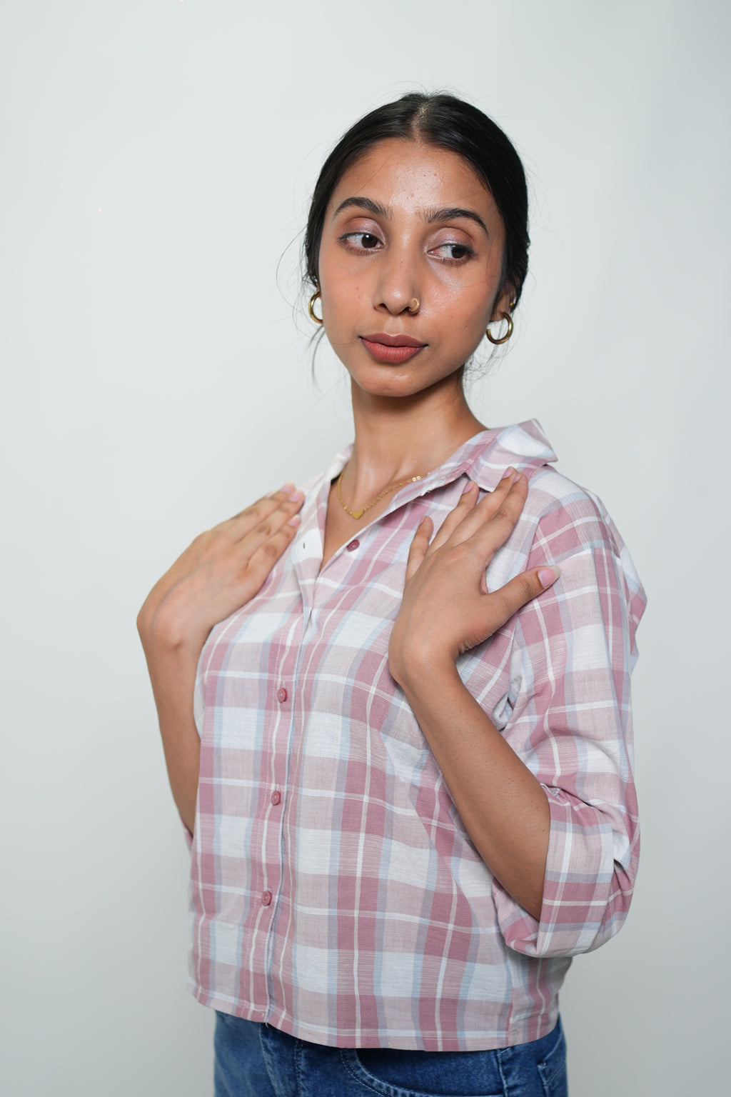 Cropped Checkered Shirt Pink