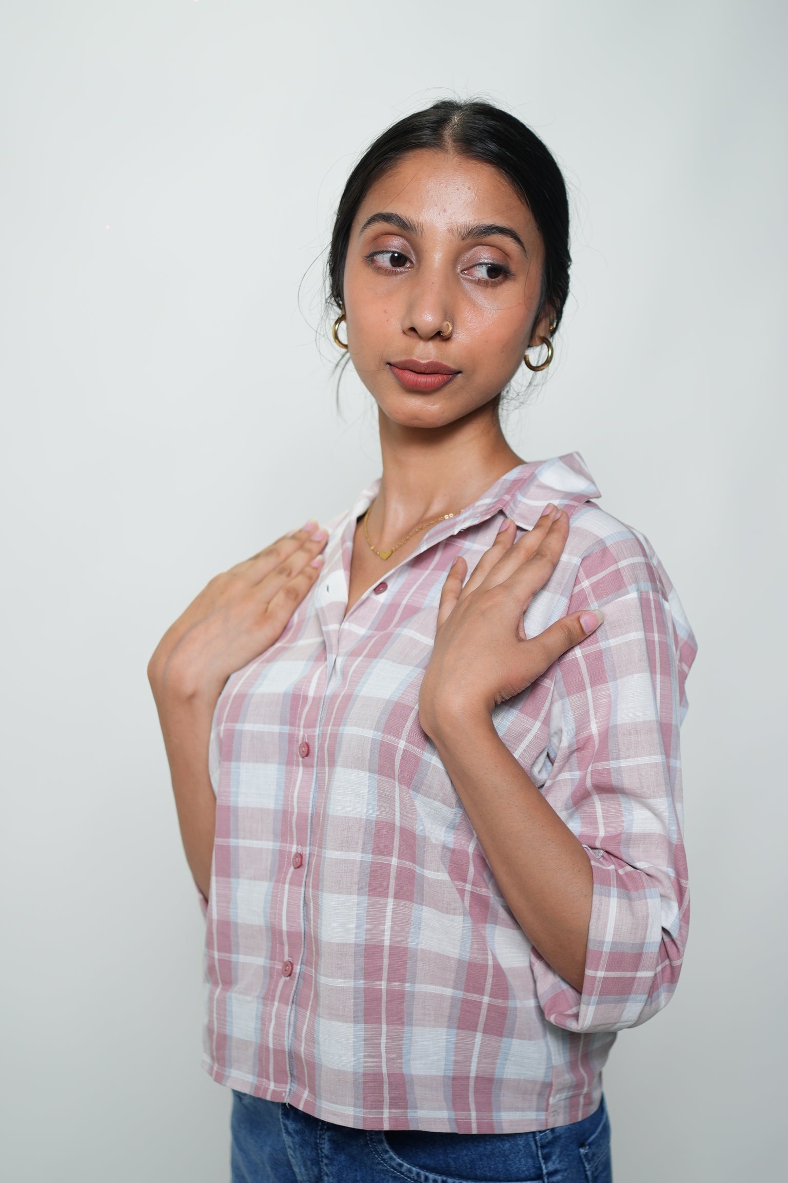 Cropped Checkered Shirt Pink