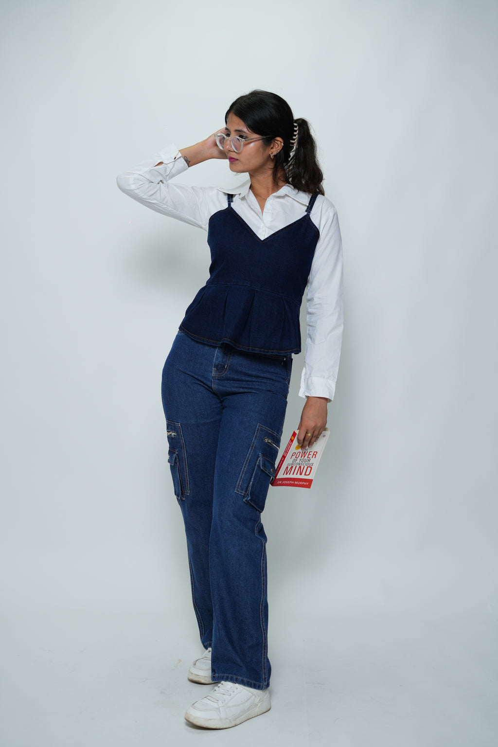 Shirt With Denim Sleeveless Peplum Top White