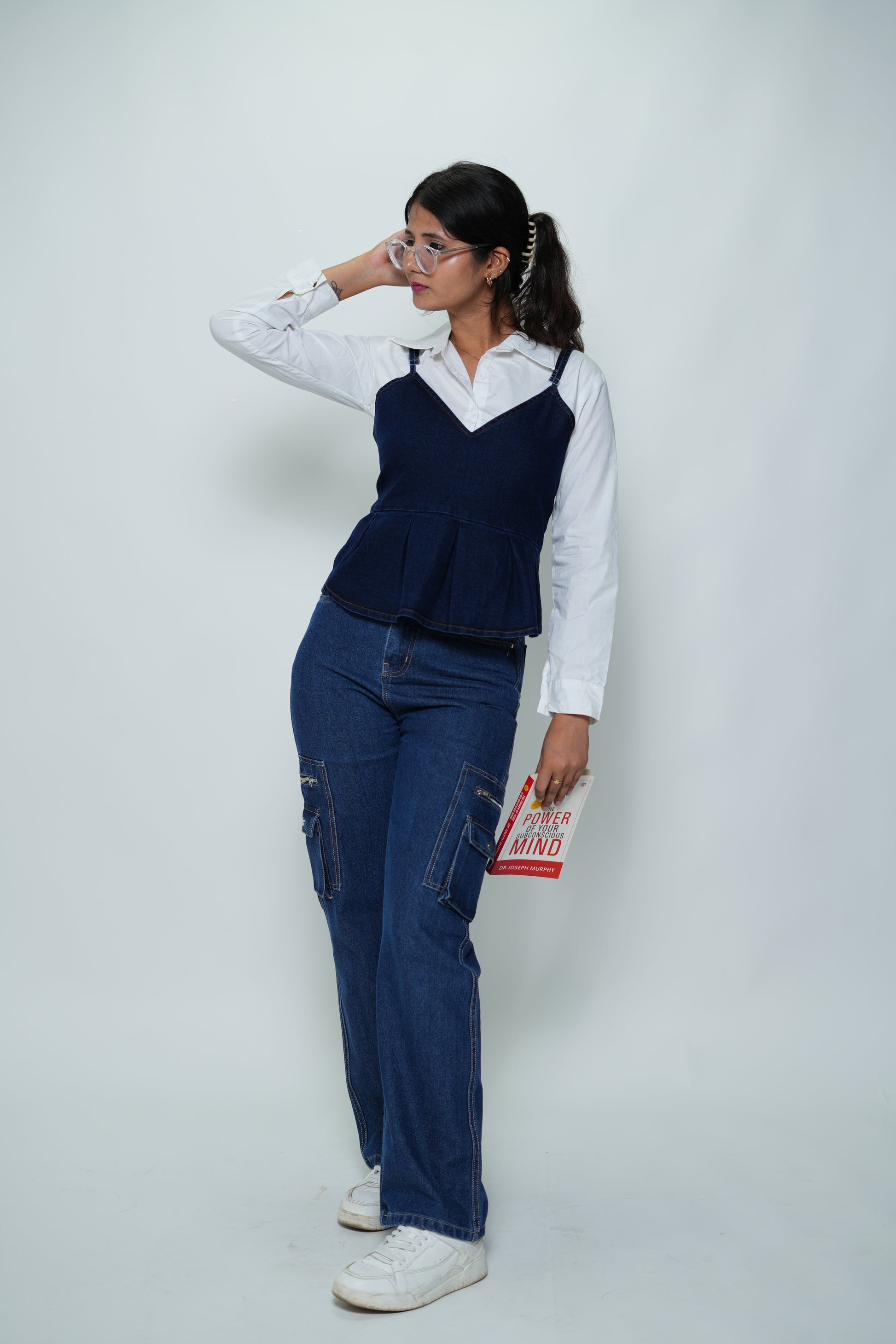 Shirt With Denim Sleeveless Peplum Top White