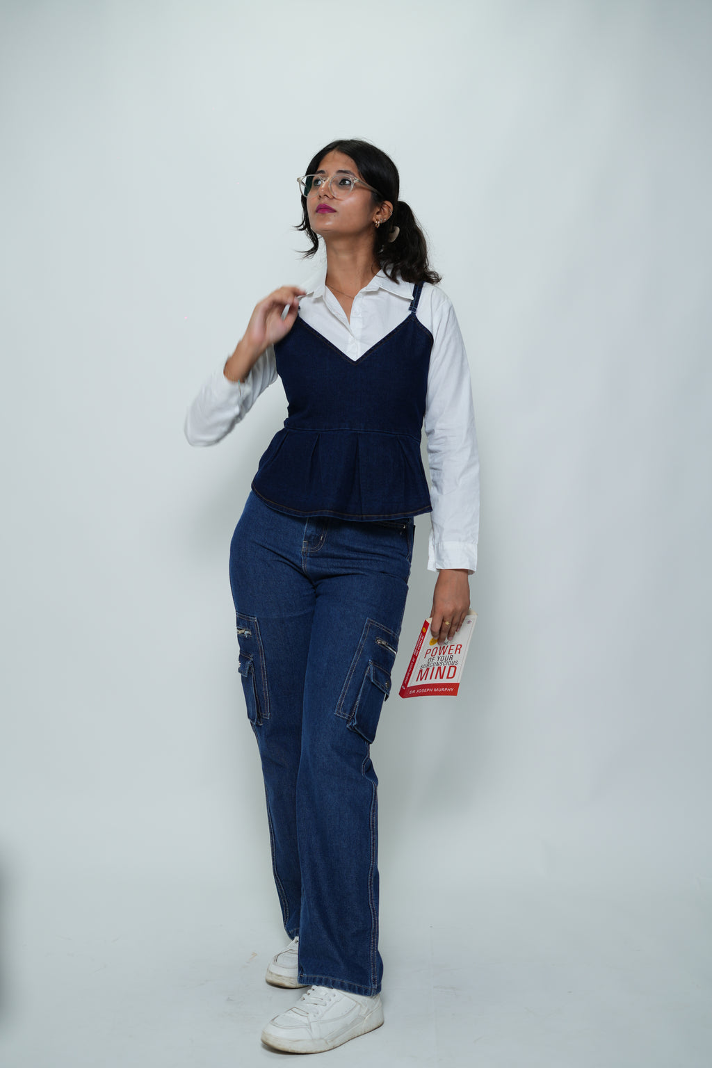 Shirt With Denim Sleeveless Peplum Top White