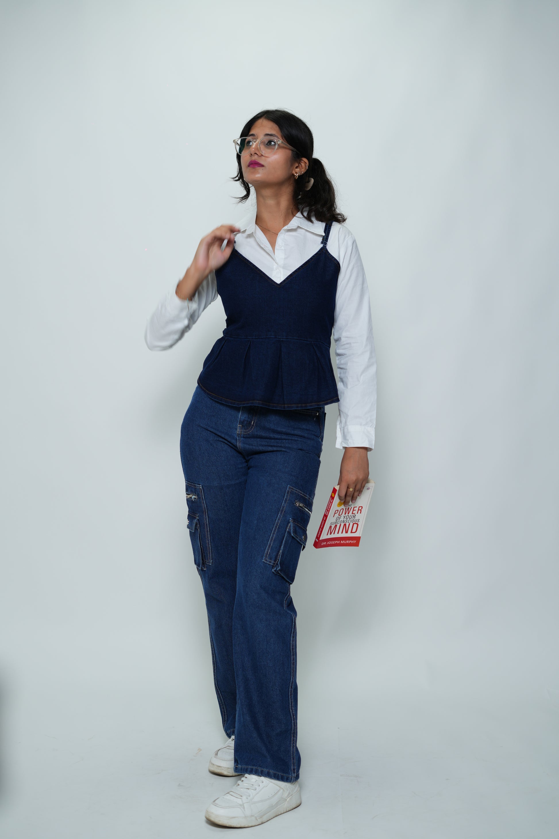 Shirt With Denim Sleeveless Peplum Top White