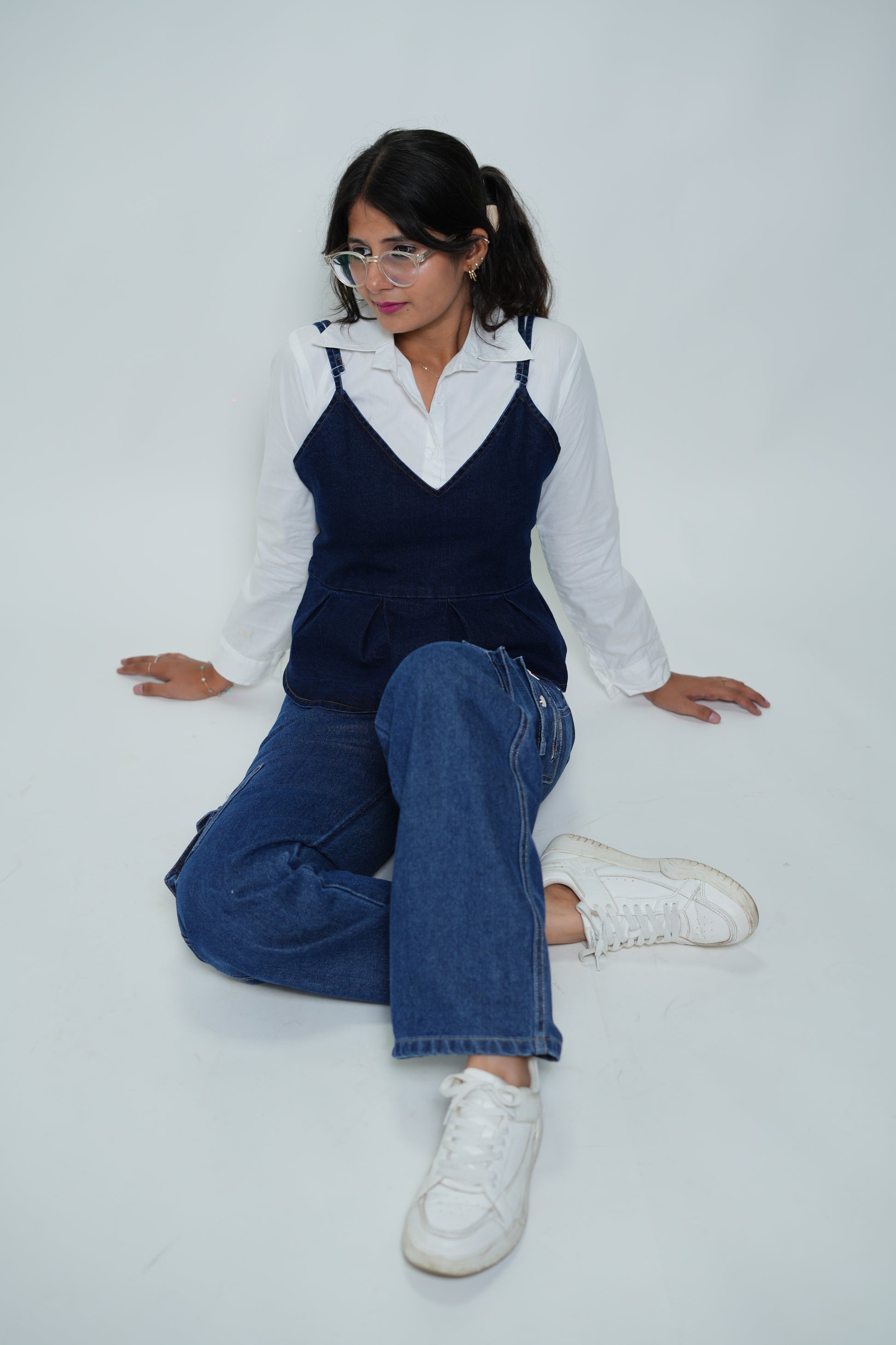 Shirt With Denim Sleeveless Peplum Top White