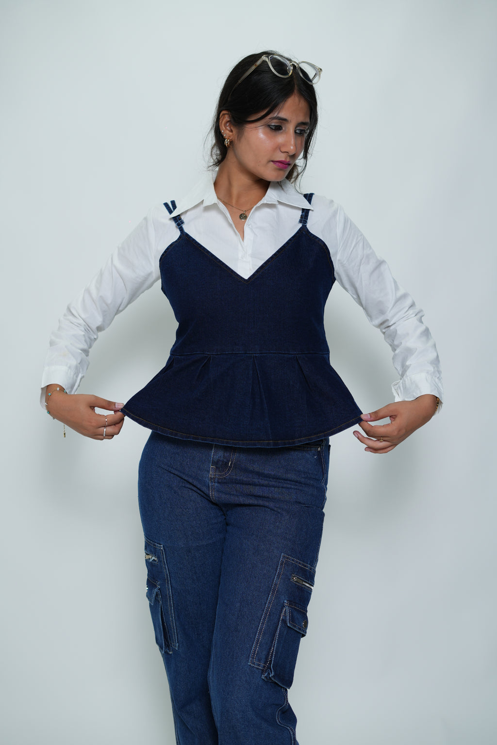 Shirt With Denim Sleeveless Peplum Top White