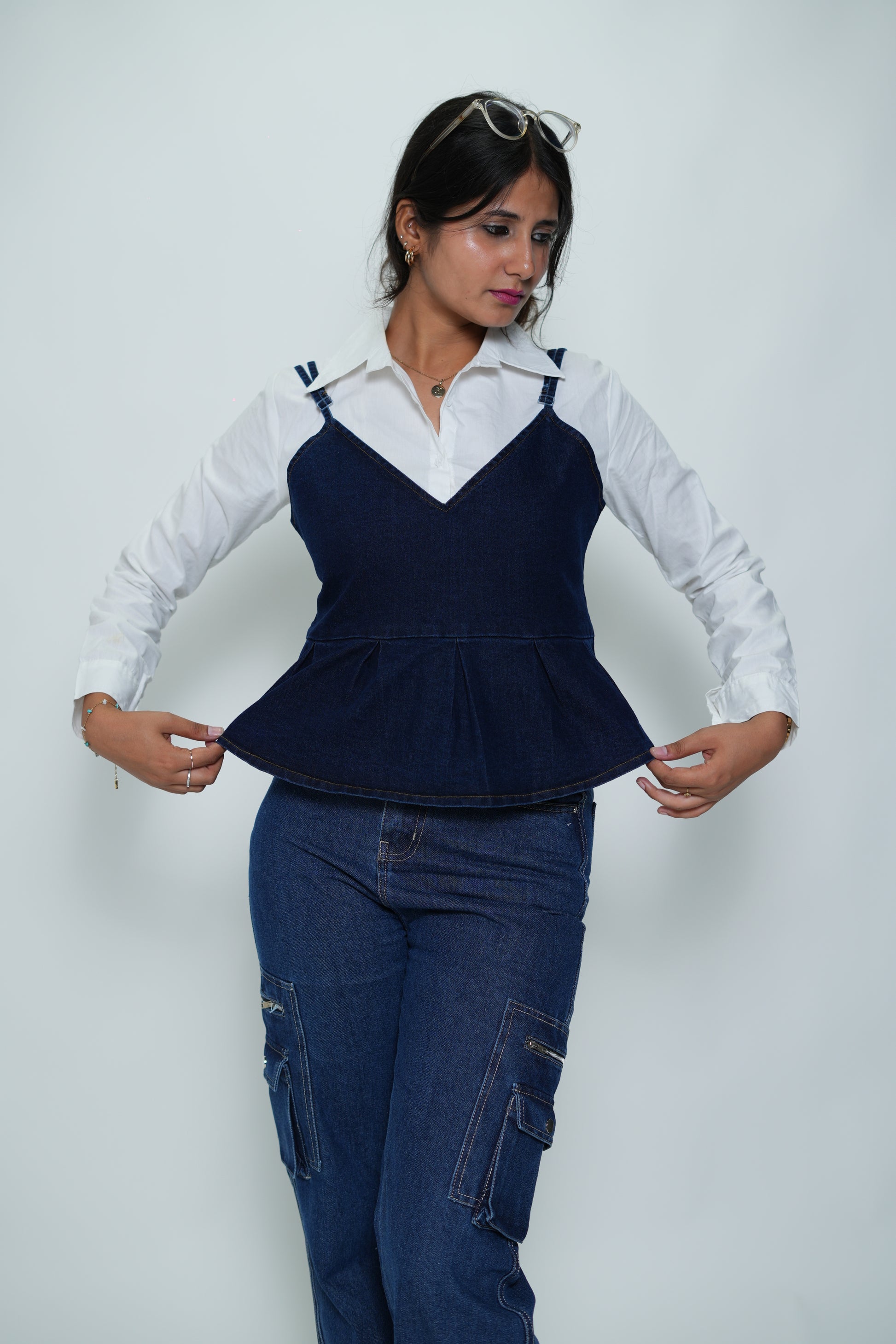 Shirt With Denim Sleeveless Peplum Top White