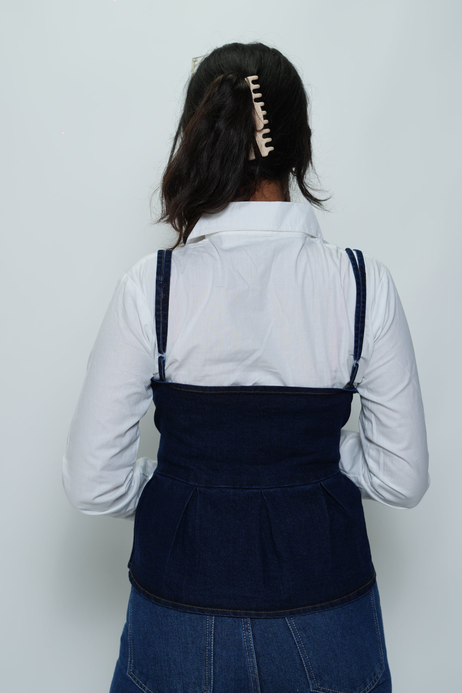 Shirt With Denim Sleeveless Peplum Top White