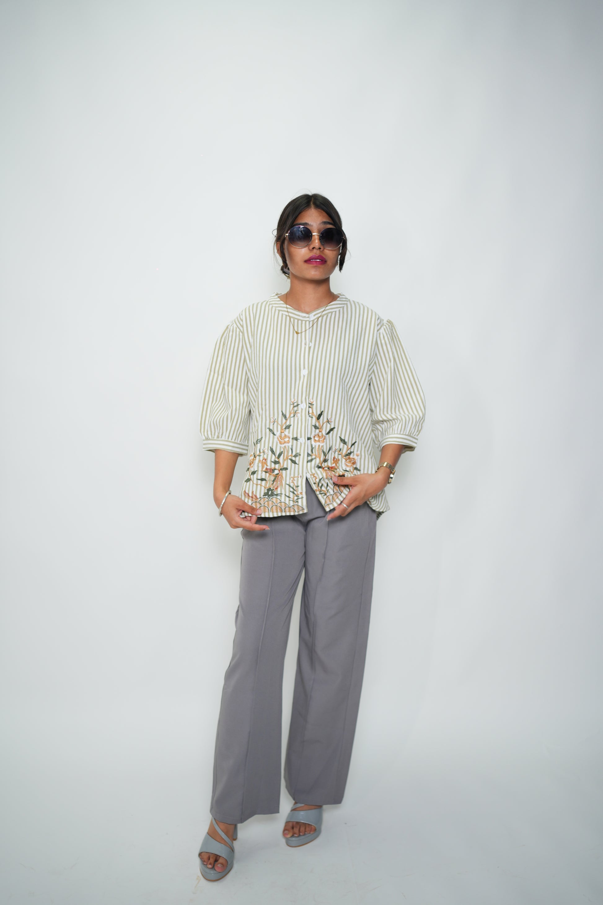 Striped Embrioded Shirt Green