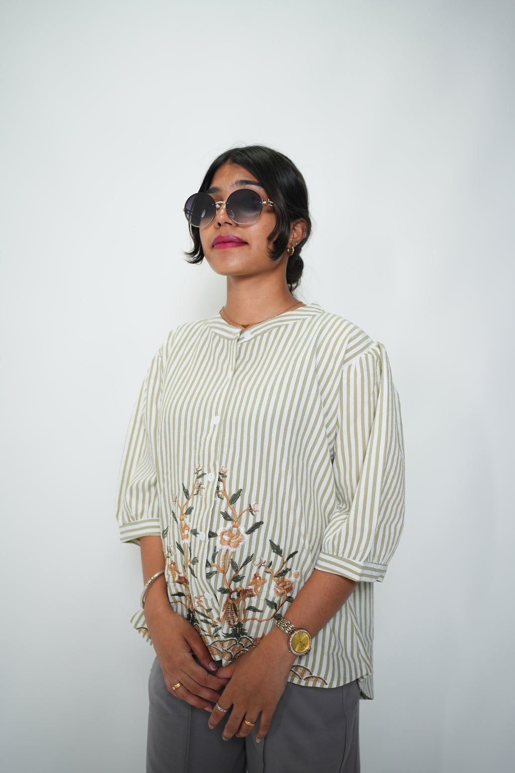 Striped Embrioded Shirt Green