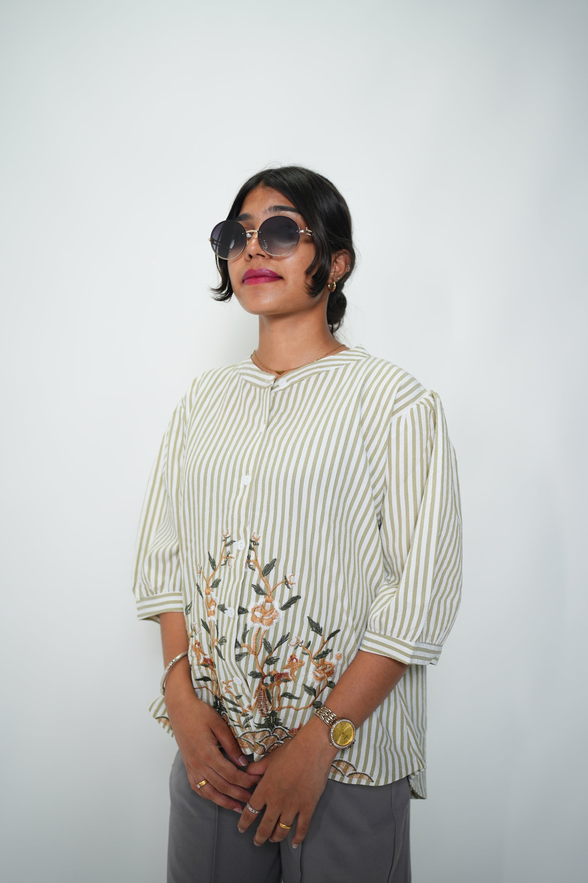 Striped Embrioded Shirt Green