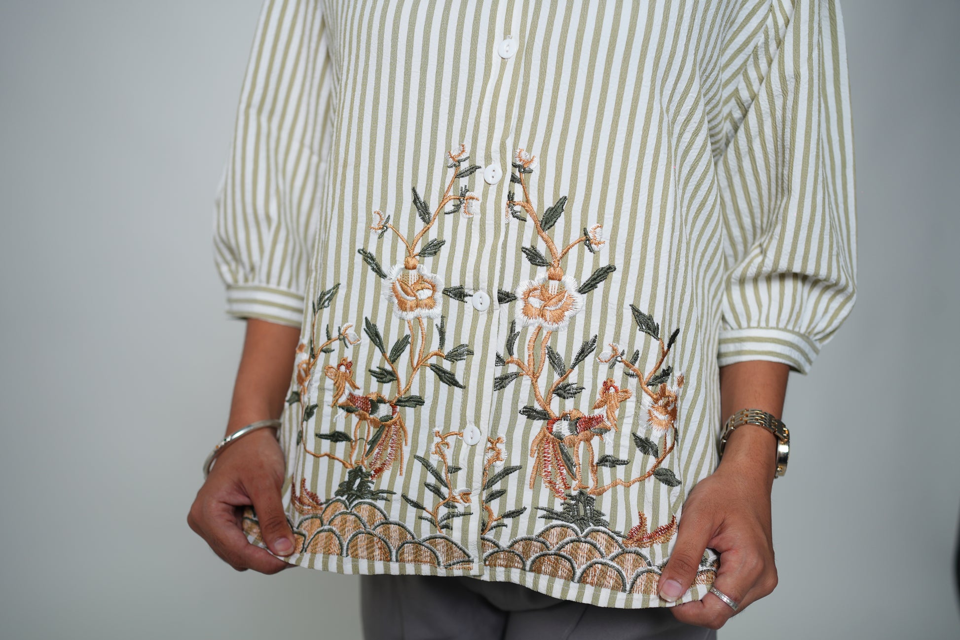 Striped Embrioded Shirt Green