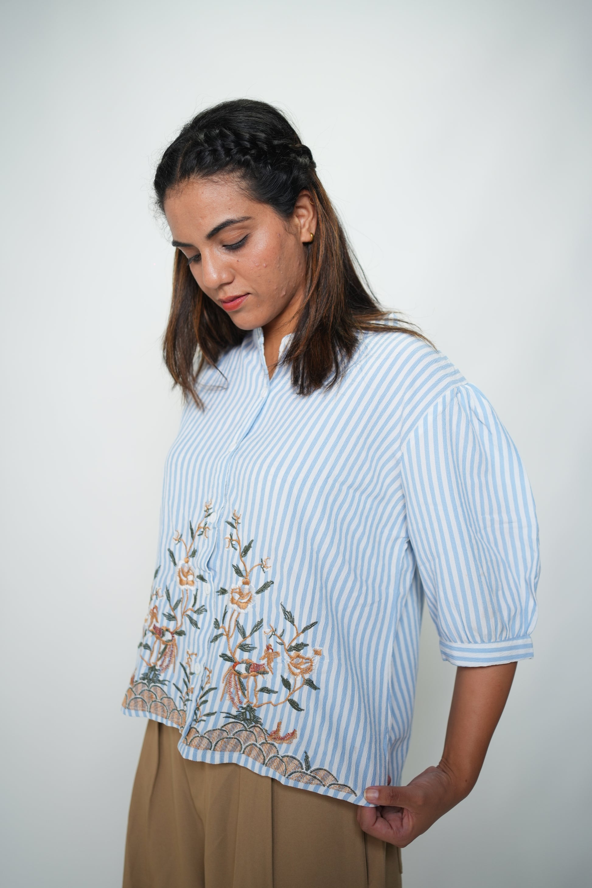 Striped Embrioded Shirt Sky Blue