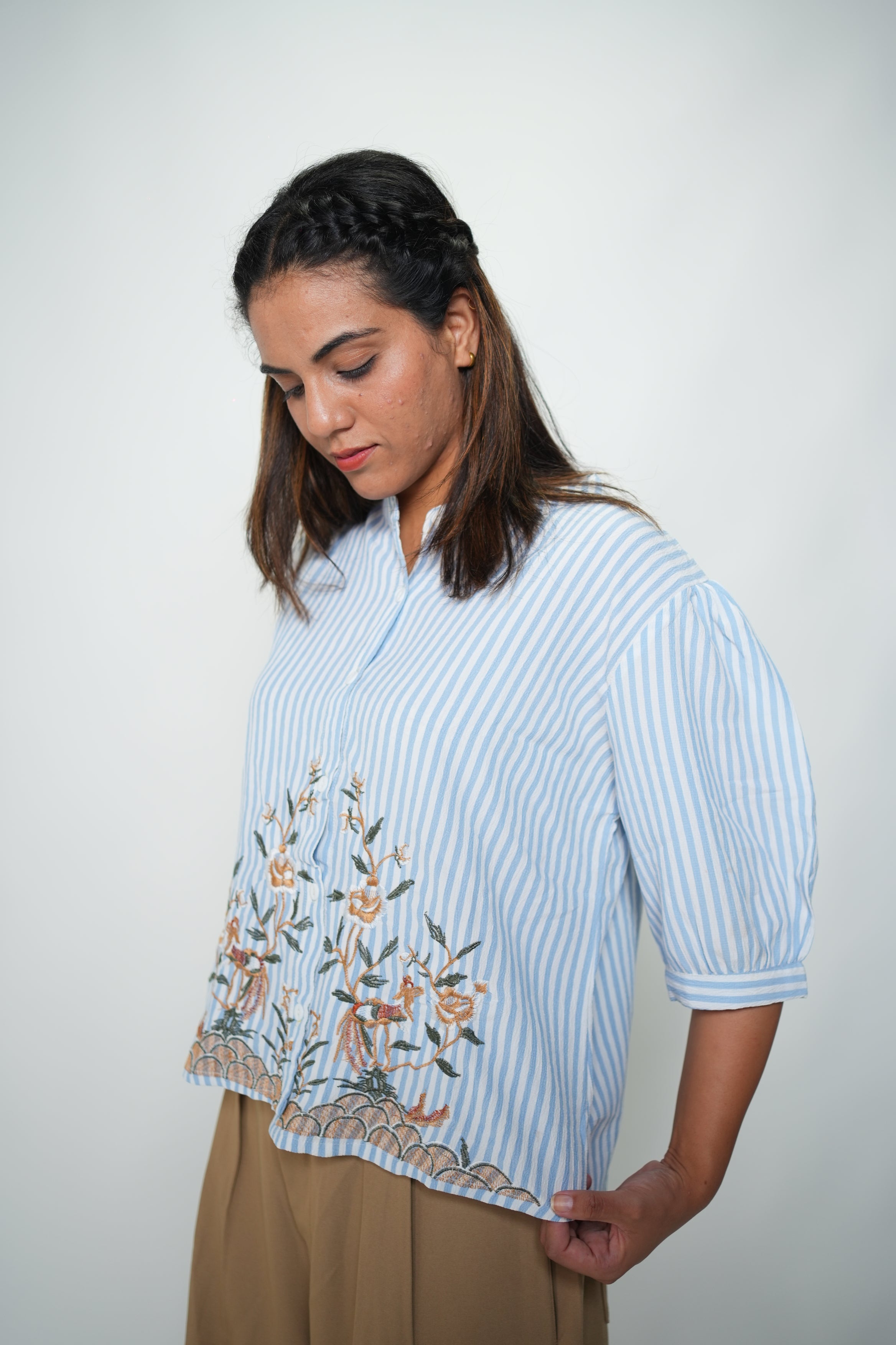 Striped Embrioded Shirt Sky Blue