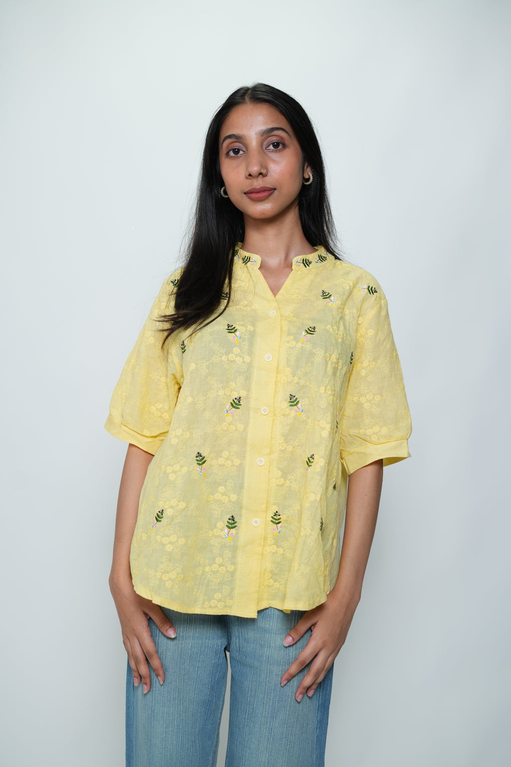Half Sleeved Flower Embroidery Shirt Yellow