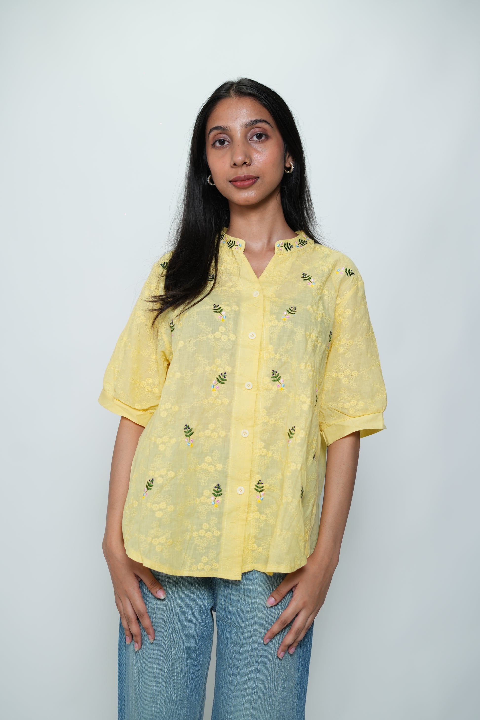 Half Sleeved Flower Embroidery Shirt Yellow