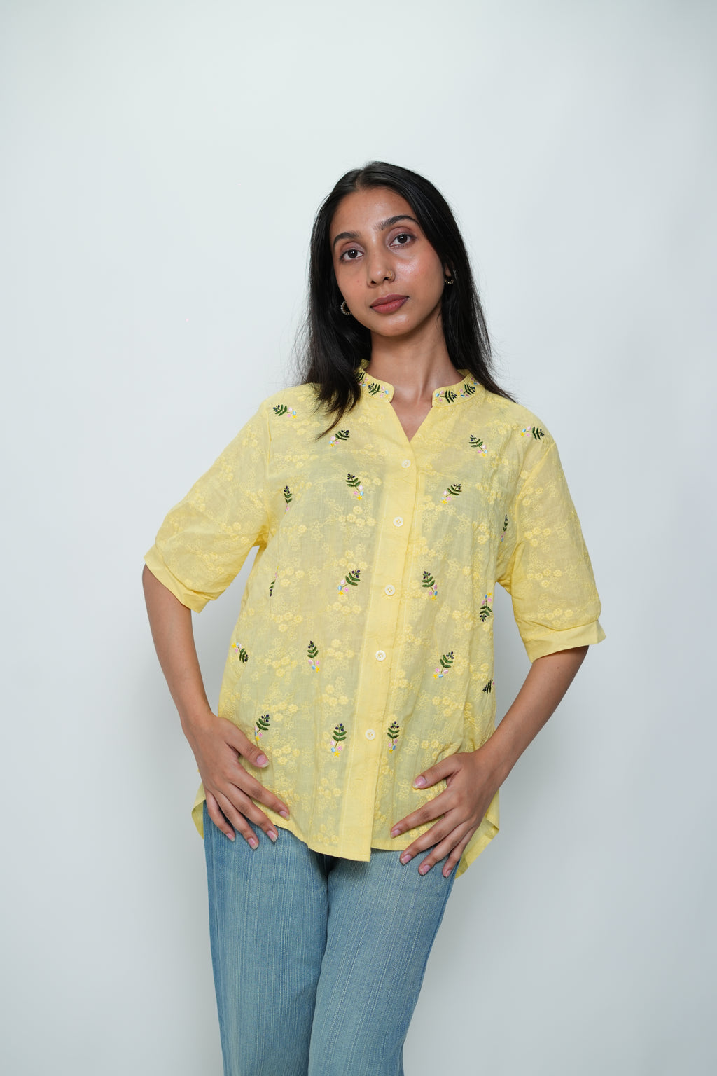 Half Sleeved Flower Embroidery Shirt Yellow