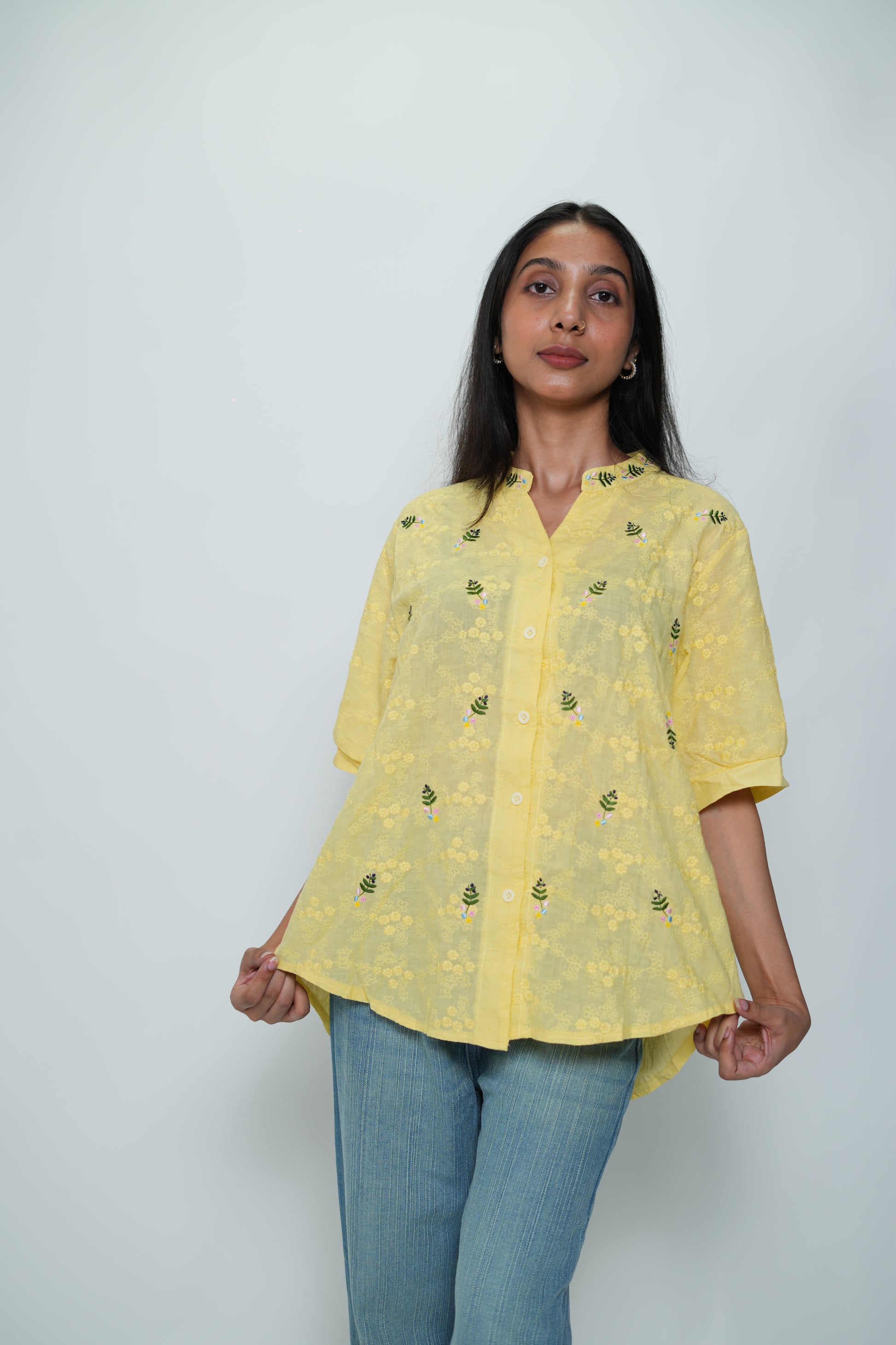 Half Sleeved Flower Embroidery Shirt Yellow