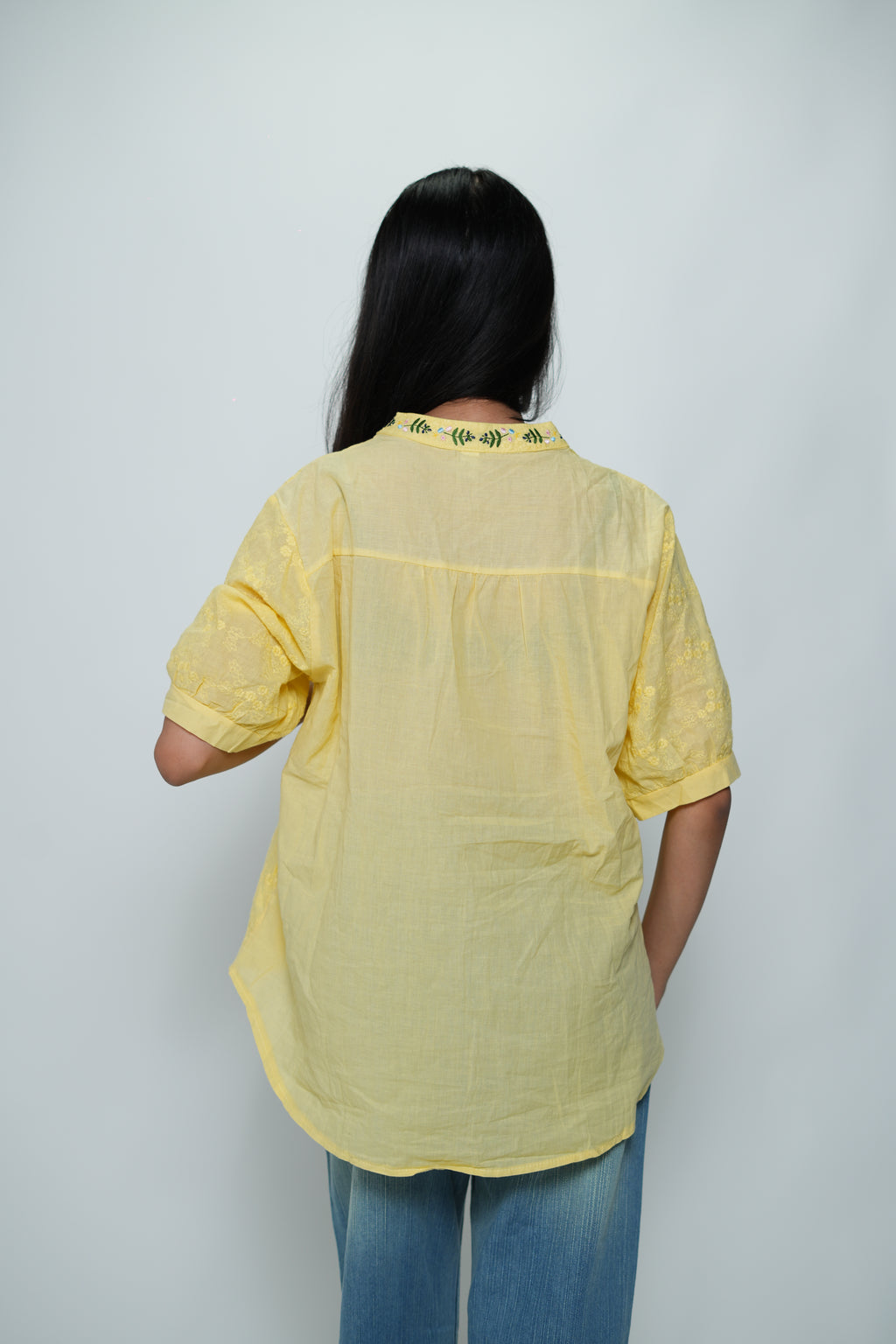 Half Sleeved Flower Embroidery Shirt Yellow
