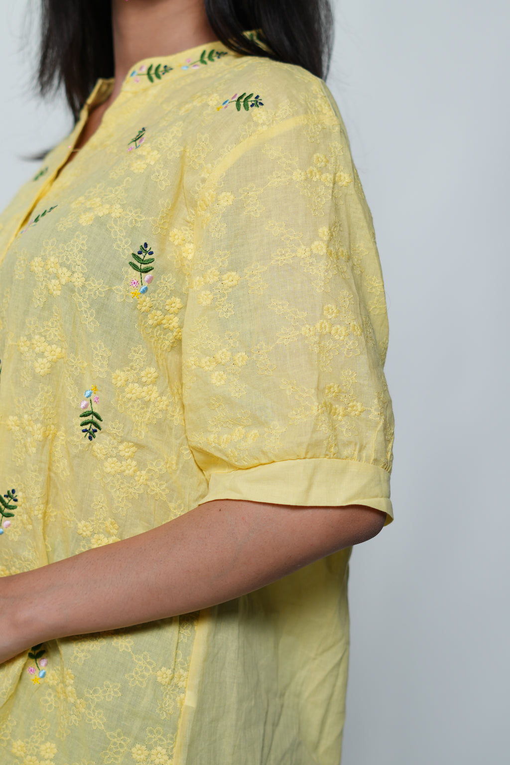 Half Sleeved Flower Embroidery Shirt Yellow