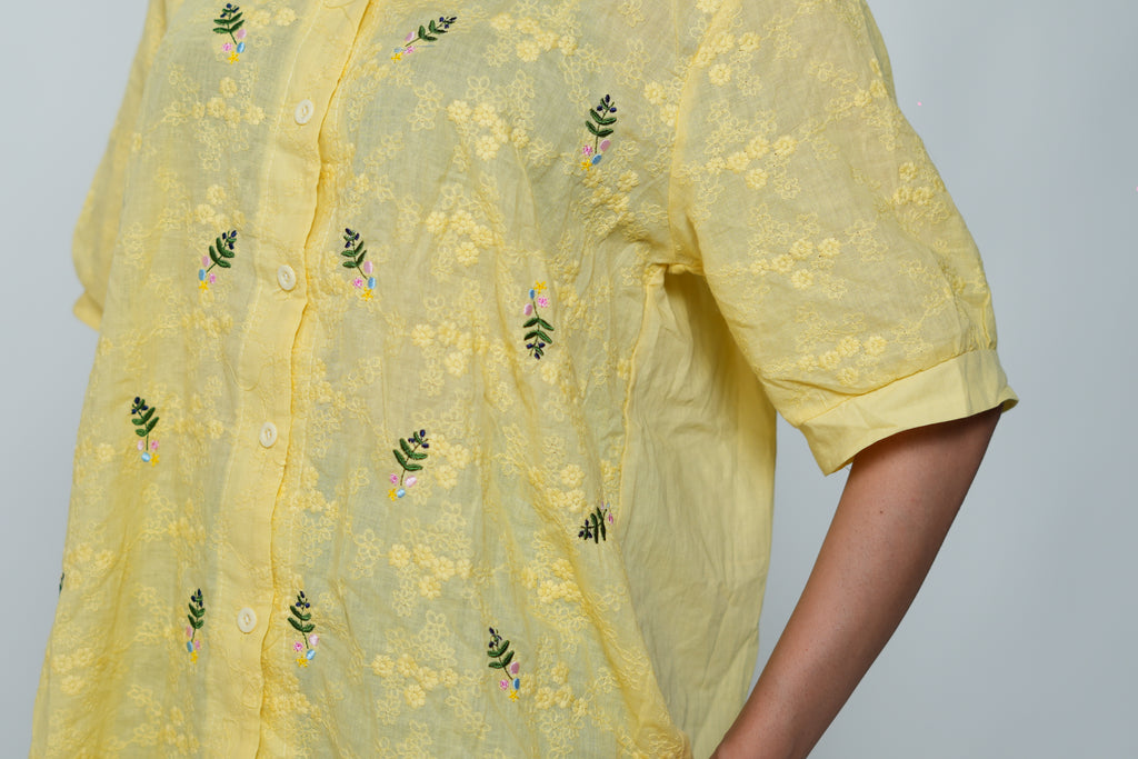 Half Sleeved Flower Embroidery Shirt Yellow