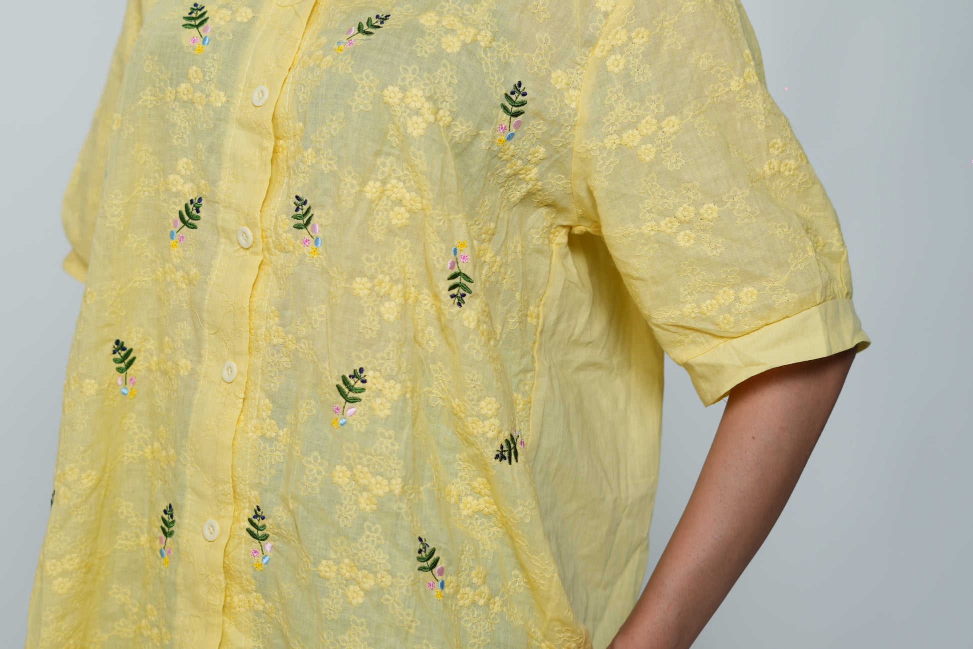 Half Sleeved Flower Embroidery Shirt Yellow
