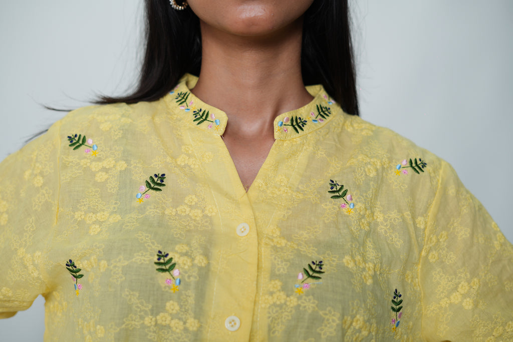 Half Sleeved Flower Embroidery Shirt Yellow