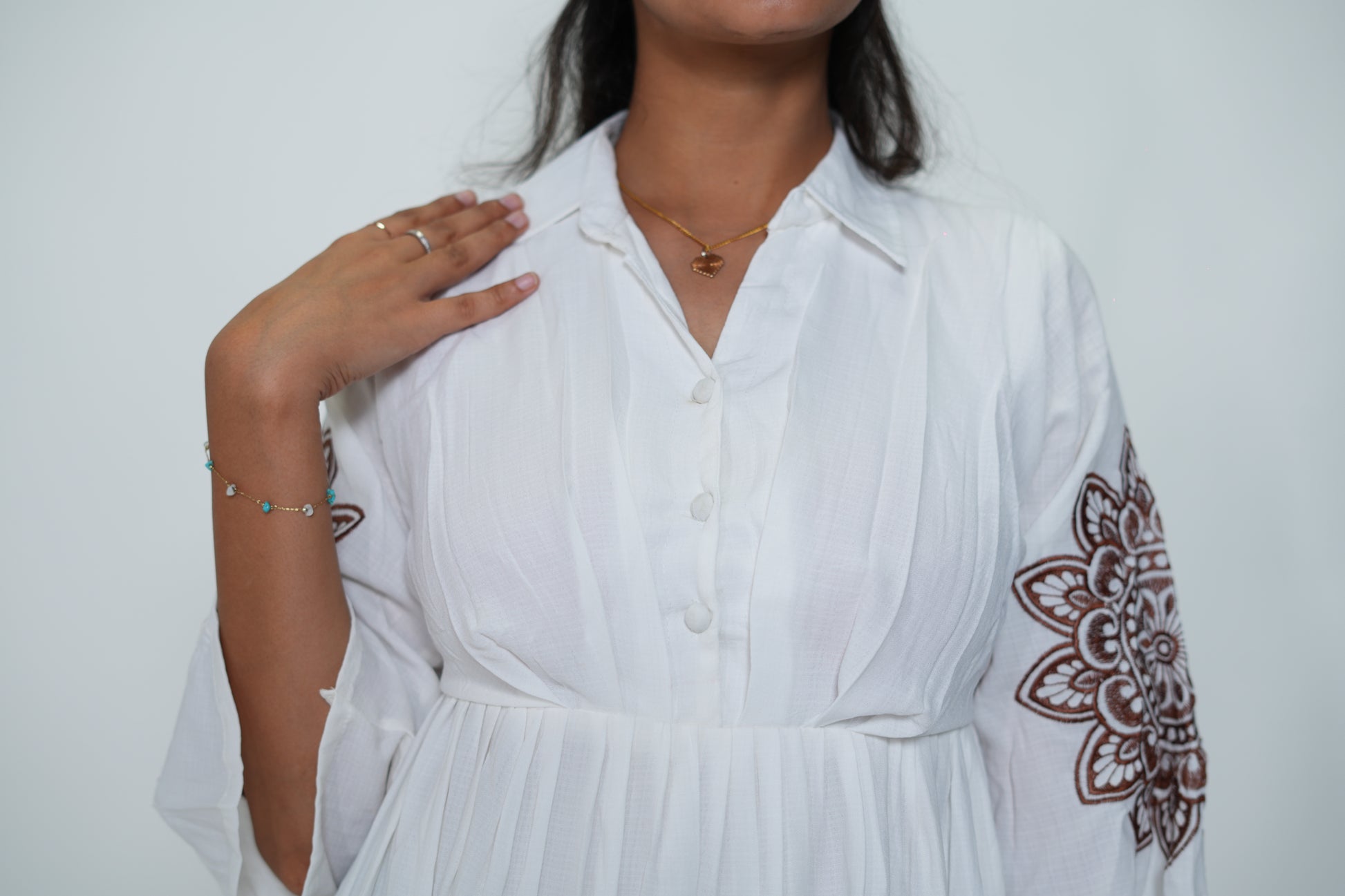 White Collar Neck Dress With Purple Embroidery