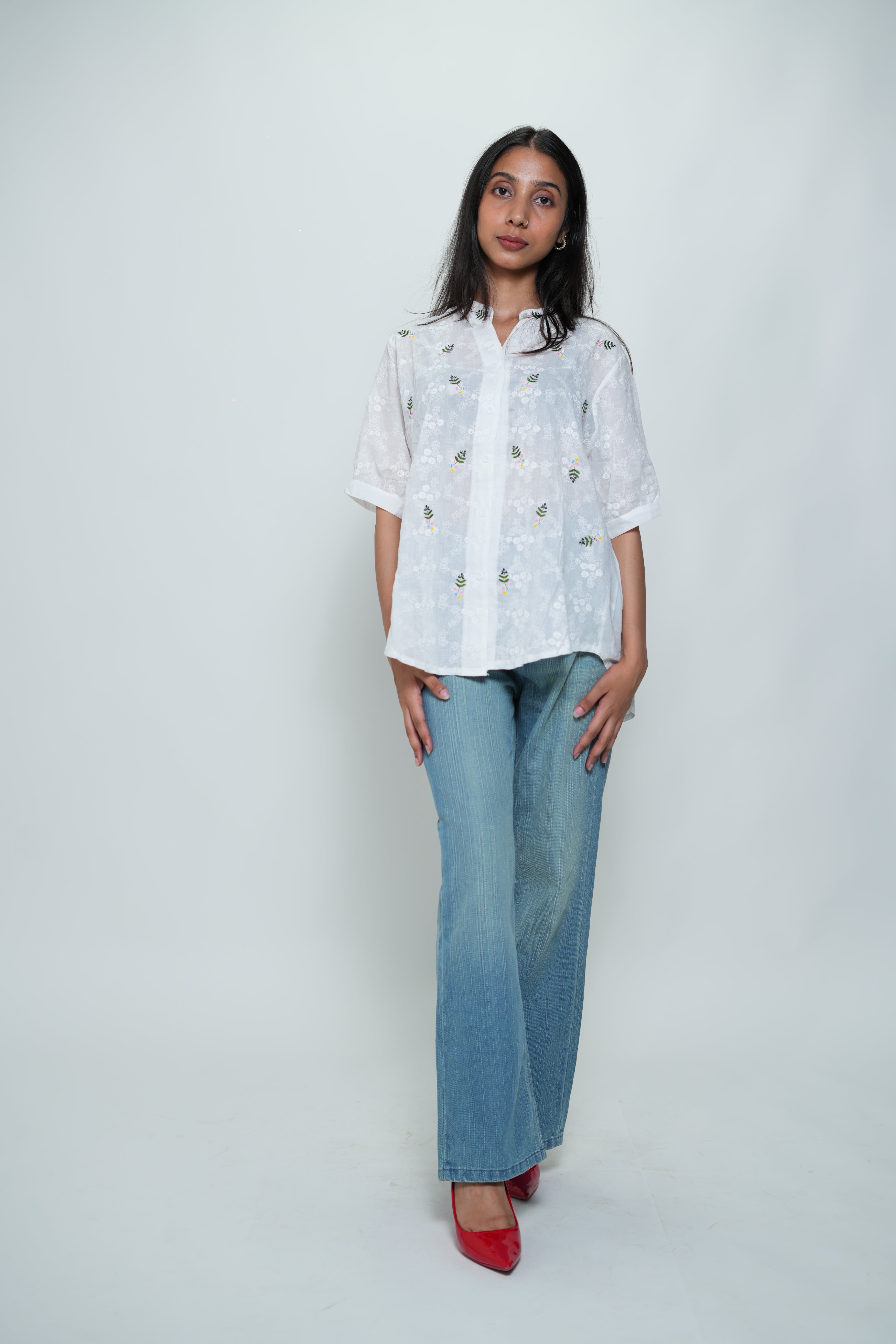 Half Sleeved Flower Embroidery Shirt White