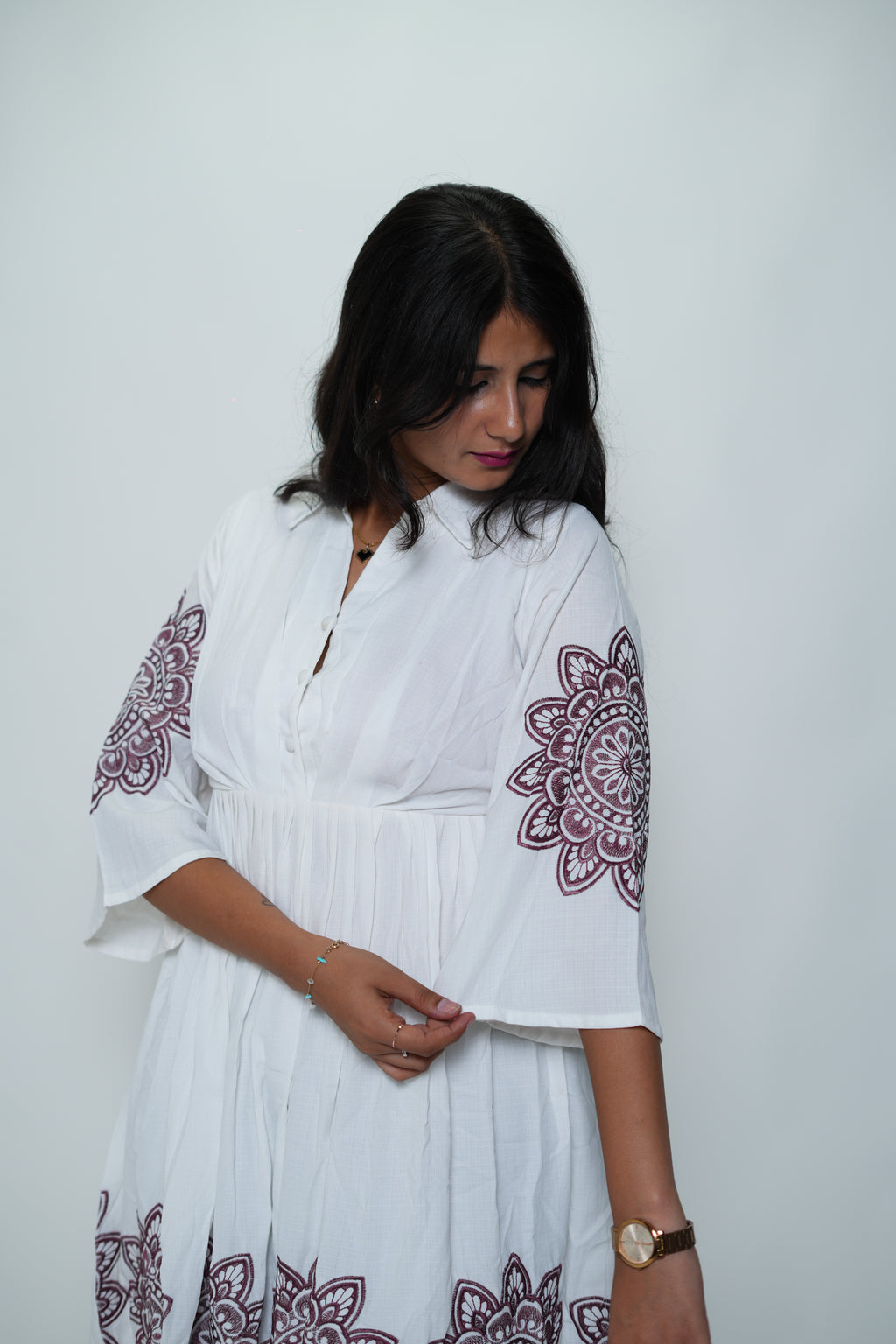 White Collar Neck Dress With Purple Embroidery